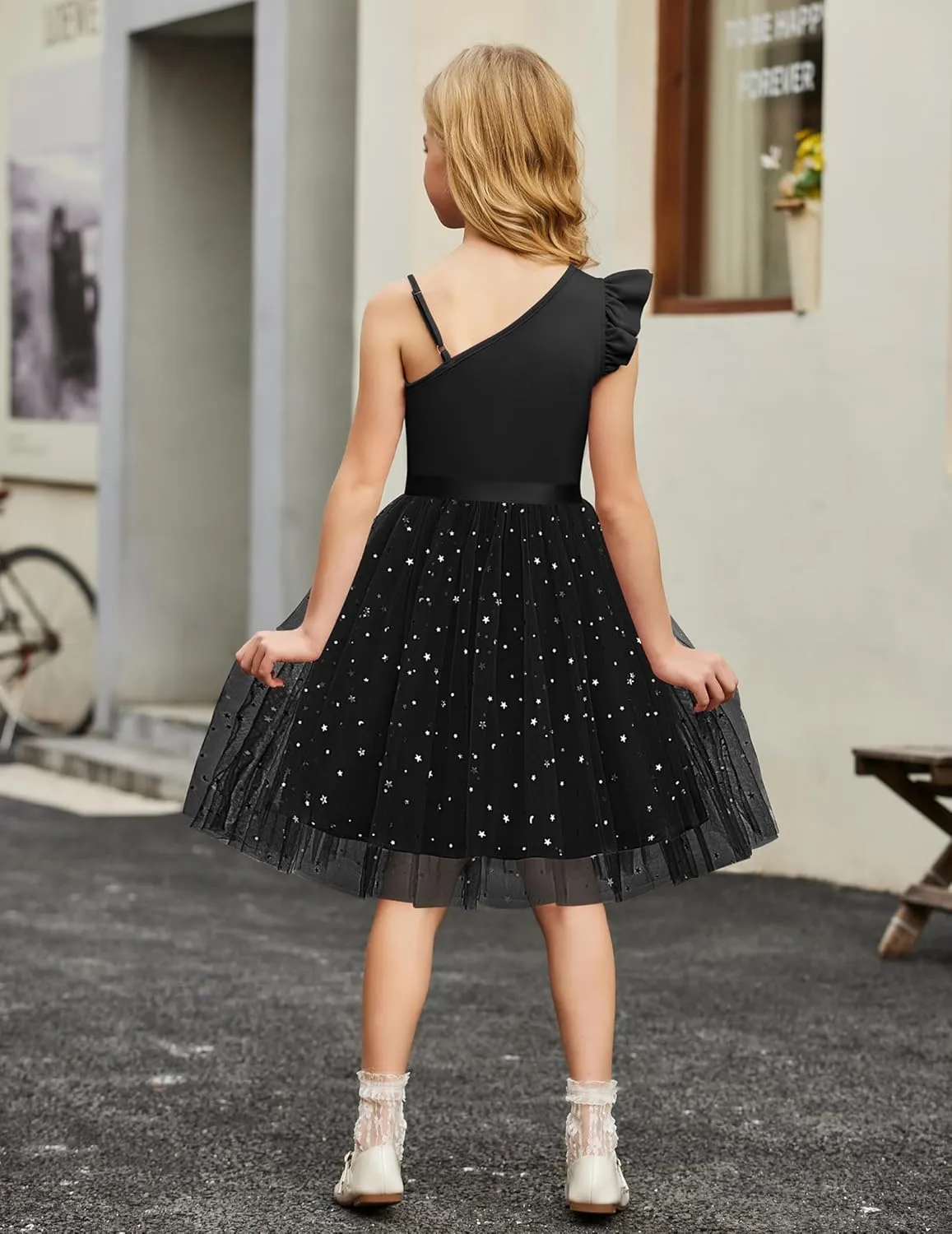 Arshiner Girls Dresses Summer One Shoulder Ruffle Sleeveless Formal Fancy Party Birthday Tulle Dress with Belted