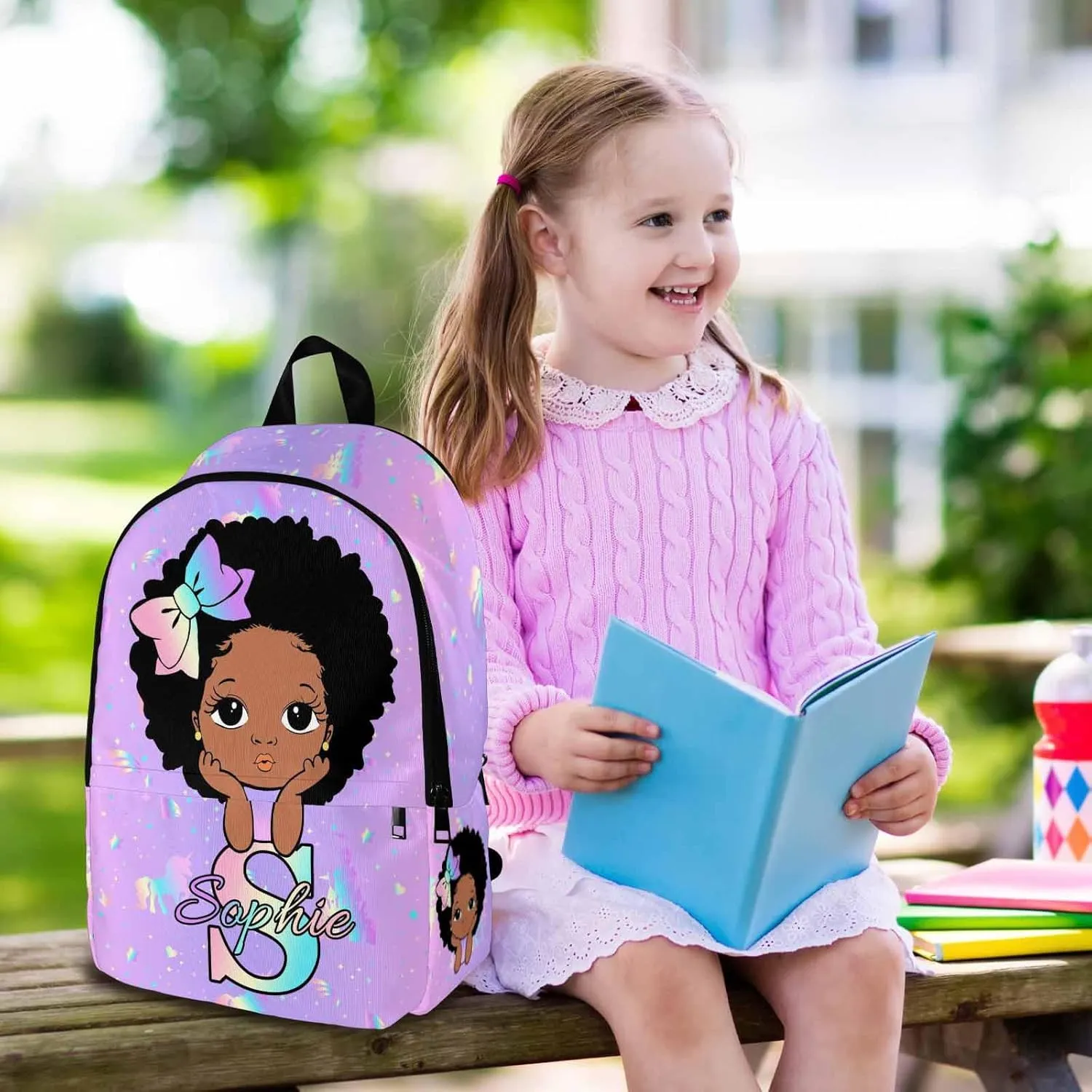 Artsadd Personalized School Bags for Kids Girls Boys, Custom Cute Girl Backpack Bags with Lunch Bag Box Customized Shoulder Schoolbags for Granddaughter Daughter