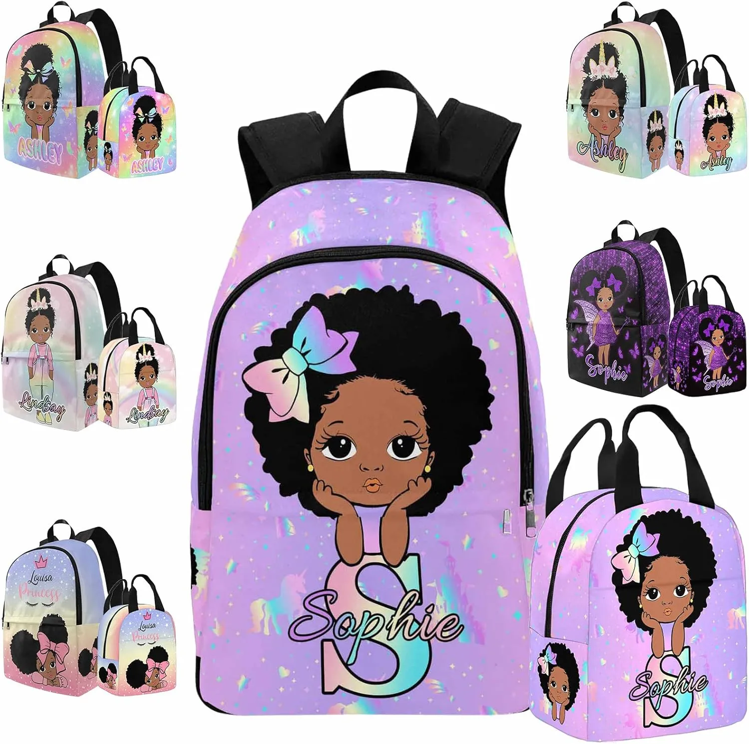 Artsadd Personalized School Bags for Kids Girls Boys, Custom Cute Girl Backpack Bags with Lunch Bag Box Customized Shoulder Schoolbags for Granddaughter Daughter