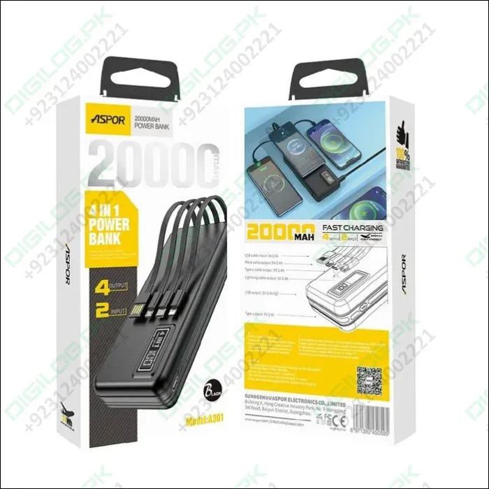 ASPOR A301 4 In 1 Power Bank 20000Mah With LCD Digital Display