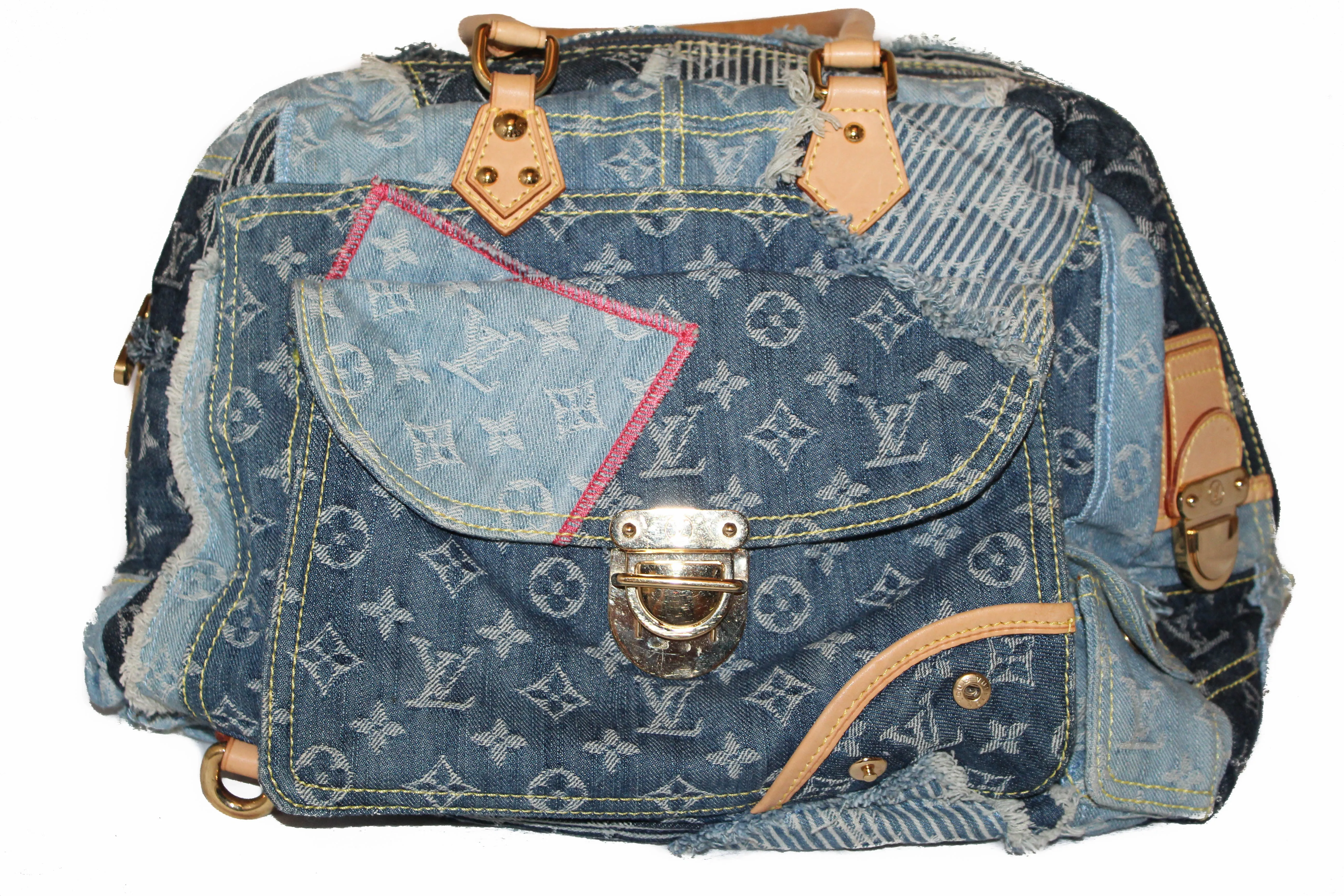 Authentic Louis Vuitton Blue Denim Patchwork Bowly Bag