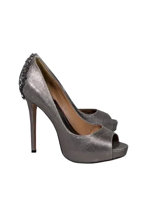 Badgley Mischka - Dark Silver Peep Toe Embellished Heels Sz 9