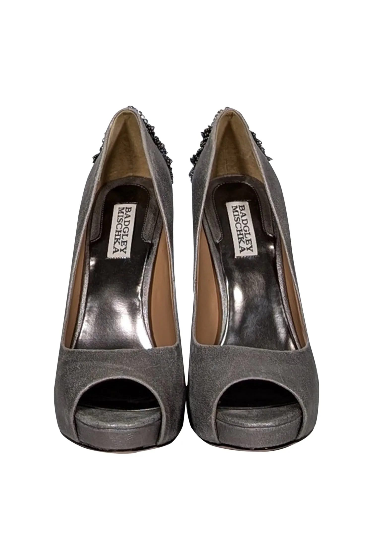 Badgley Mischka - Dark Silver Peep Toe Embellished Heels Sz 9