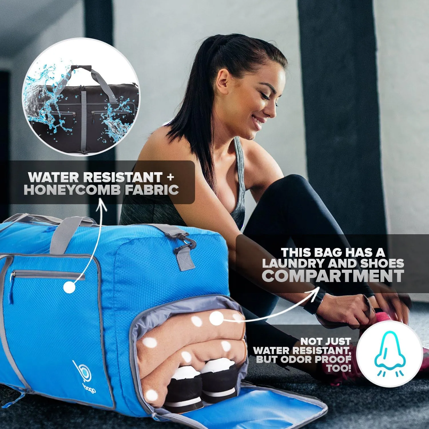 Bago Foldable Duffel Bags for Traveling Women & Men - 40L Sports Packable Duffle Bag for Travel with Shoe Compartment - Water Repellant, Heavy Duty, Lightweight Folding & Collapsible (Blue)