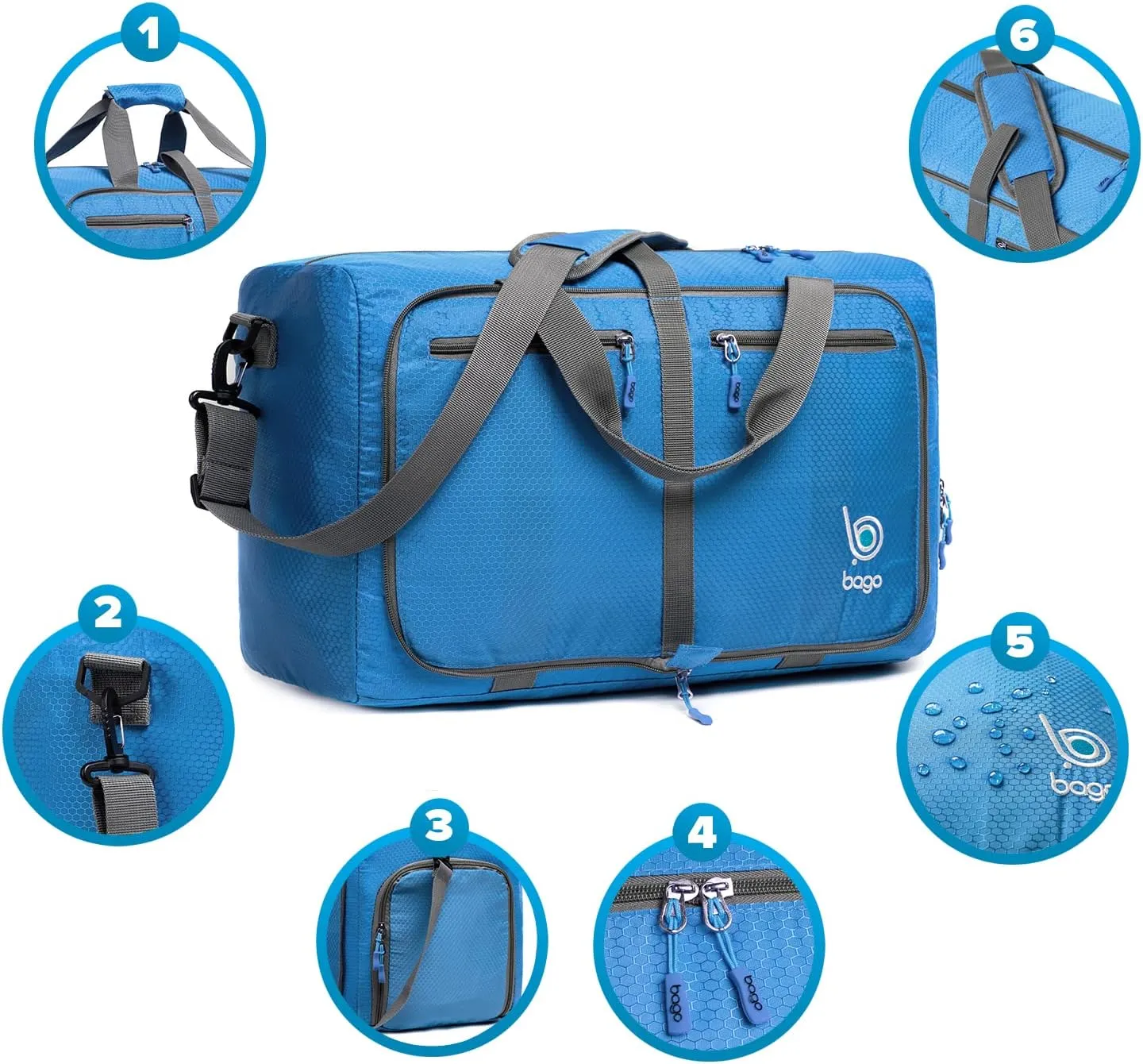 Bago Foldable Duffel Bags for Traveling Women & Men - 40L Sports Packable Duffle Bag for Travel with Shoe Compartment - Water Repellant, Heavy Duty, Lightweight Folding & Collapsible (Blue)