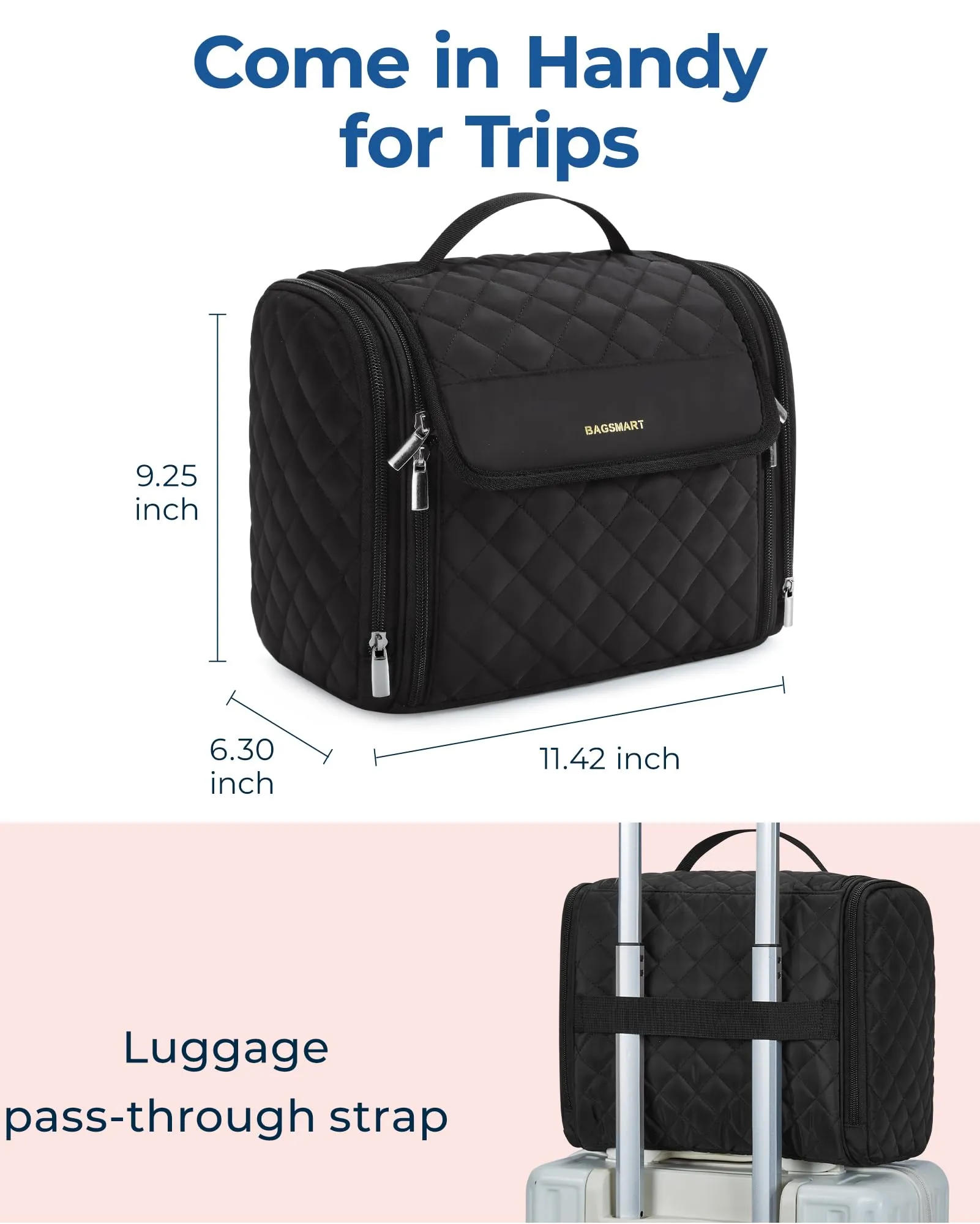 BAGSMART Travel Toiletry Bag, Large Capacity Cosmetic Bags for Women with Hanging Hook, Water-resistant for Toiletries Accessories Brushes Sponge, With Handle