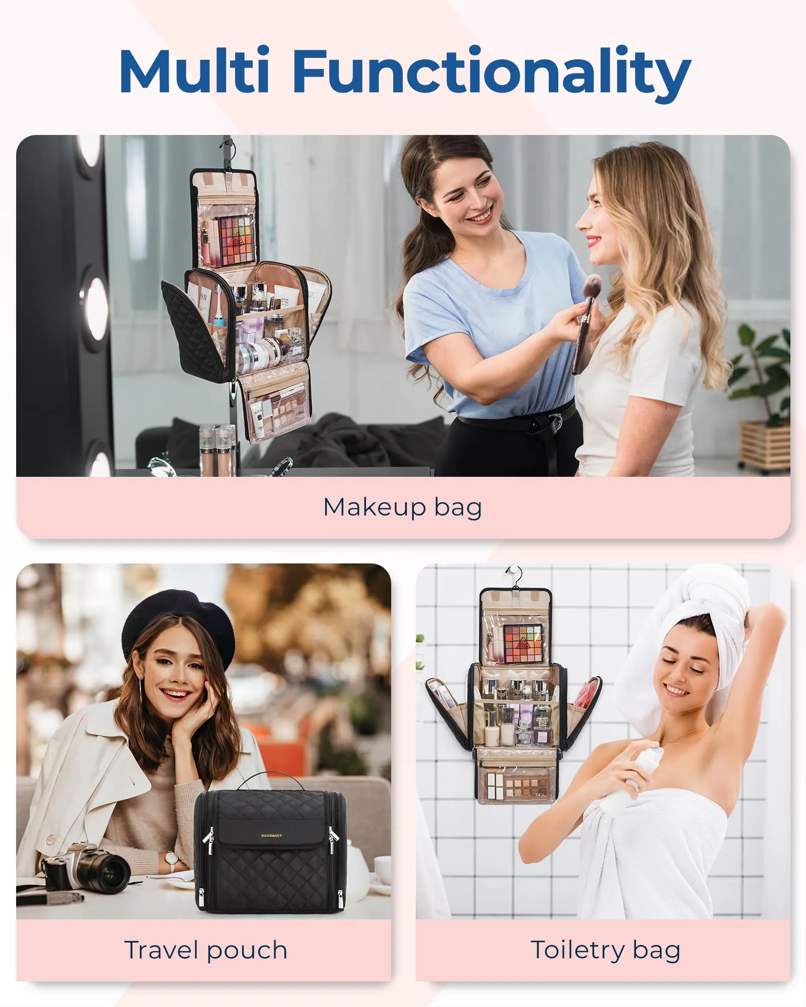 BAGSMART Travel Toiletry Bag, Large Capacity Cosmetic Bags for Women with Hanging Hook, Water-resistant for Toiletries Accessories Brushes Sponge, With Handle