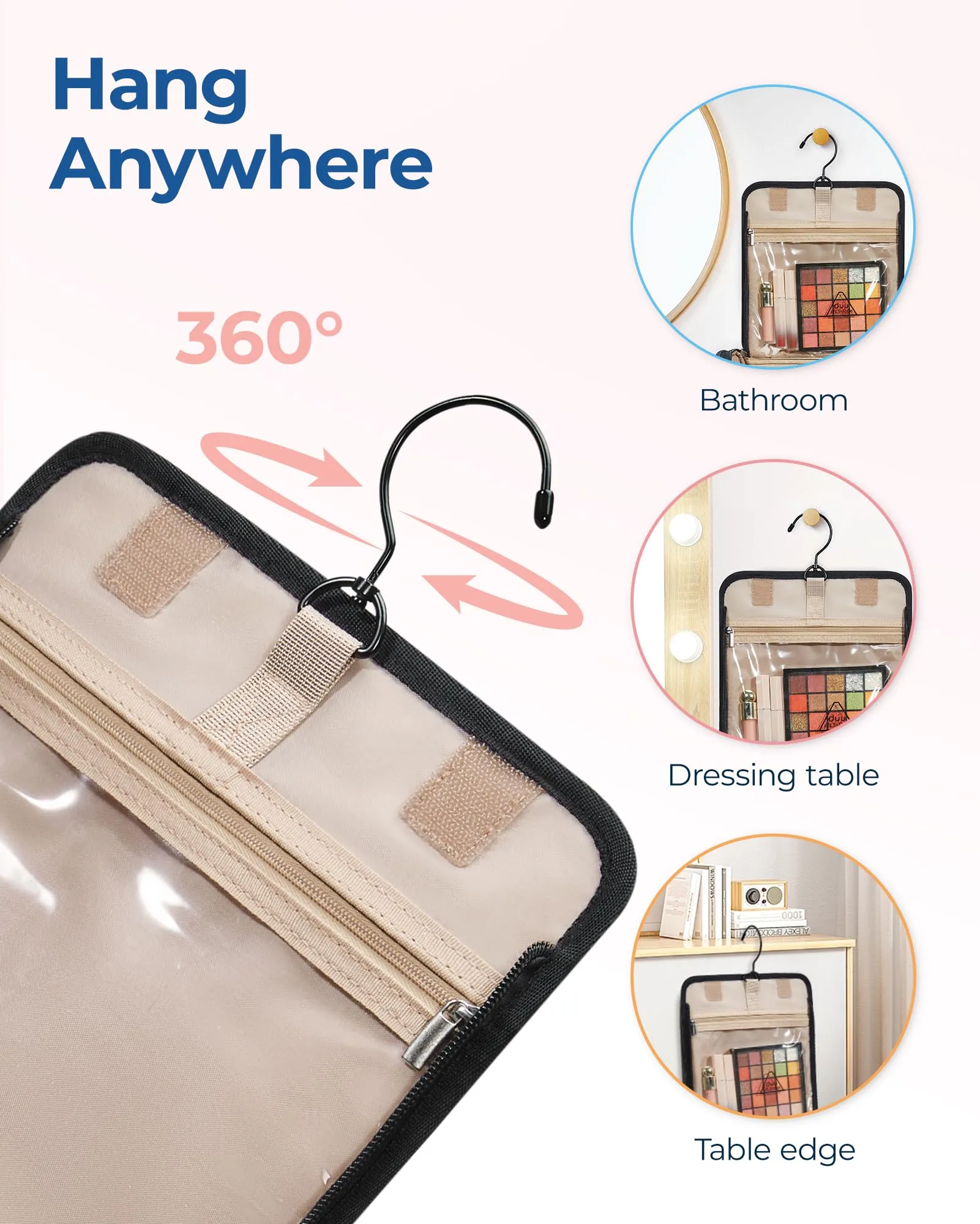 BAGSMART Travel Toiletry Bag, Large Capacity Cosmetic Bags for Women with Hanging Hook, Water-resistant for Toiletries Accessories Brushes Sponge, With Handle
