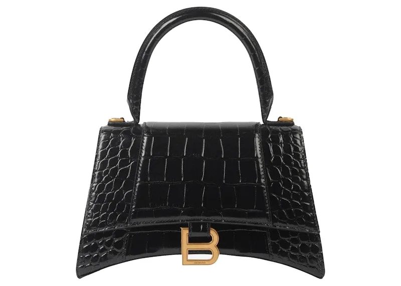 Balenciaga Hourglass Small Top Handle Bag Crocodile Embossed Black