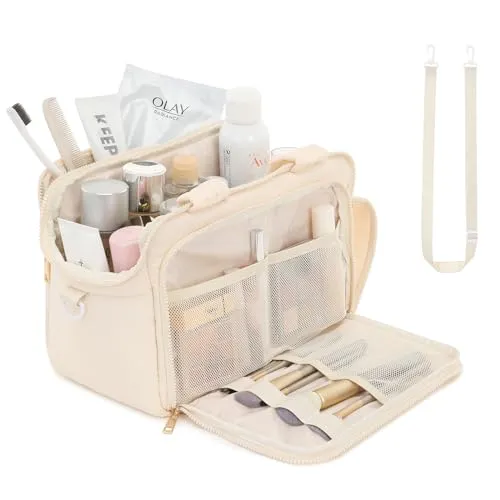 BBCREAT Travel Toiletry Bag for Women, Large Puffy Toiletry Organizer with Wide Handle, Wide-open Cosmetic Bag Makeup Organizer for Toiletries Accessories Essentials (Black)