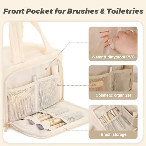 BBCREAT Travel Toiletry Bag for Women, Large Puffy Toiletry Organizer with Wide Handle, Wide-open Cosmetic Bag Makeup Organizer for Toiletries Accessories Essentials (Black)