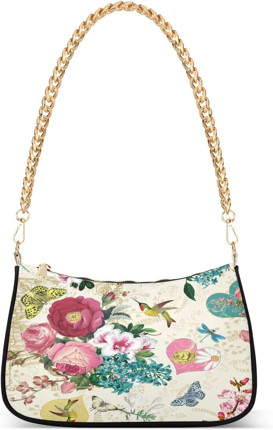 Beautiful Flower Shoulder Handbags for Women Travel Hobo Tote Handbag Women Gold Chain Shoulder Bags Purse with Zipper Closure