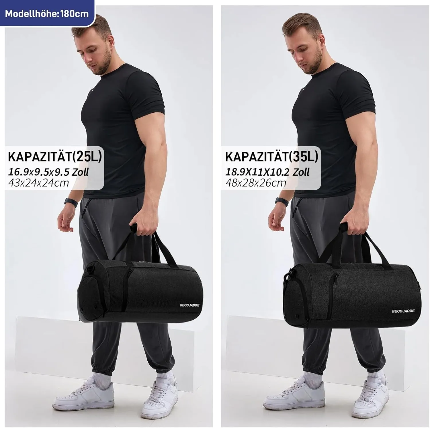 BECOJADDE Sports Bags for Men and Women, 35L Travel Duffel Bag, Overnight Bag with Shoe Compartment & Wet Compartment, Waterproof Carry On Bag for Sports, Gym, Swimming, black, 25L, Travel handbag