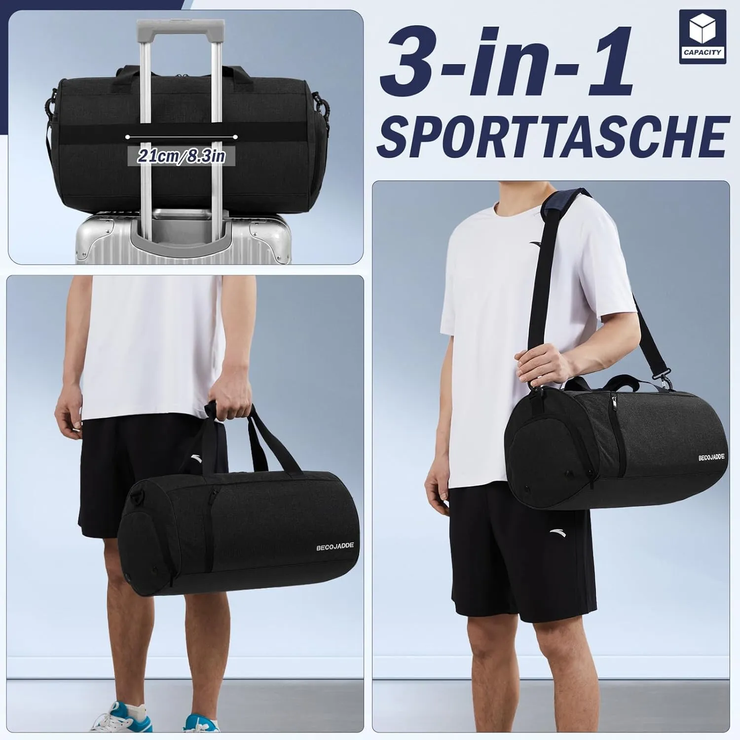 BECOJADDE Sports Bags for Men and Women, 35L Travel Duffel Bag, Overnight Bag with Shoe Compartment & Wet Compartment, Waterproof Carry On Bag for Sports, Gym, Swimming, black, 25L, Travel handbag