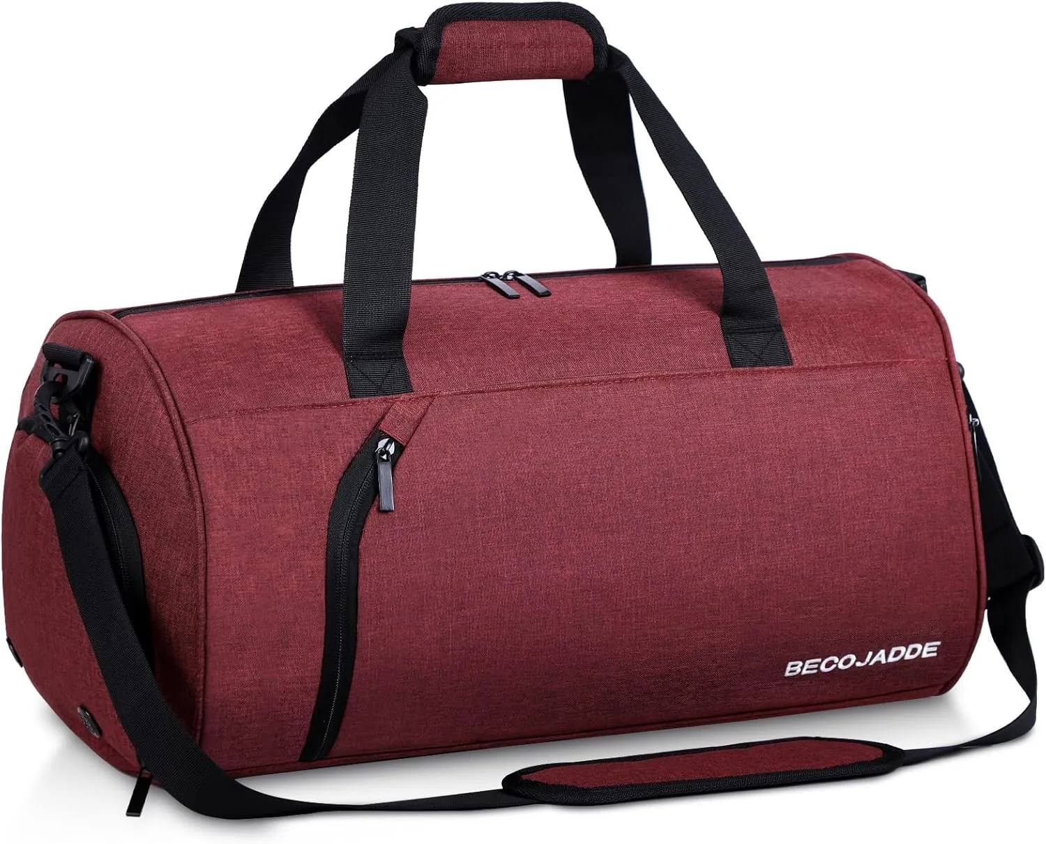 BECOJADDE Sports Bags for Men and Women, 35L Travel Duffel Bag, Overnight Bag with Shoe Compartment & Wet Compartment, Waterproof Carry On Bag for Sports, Gym, Swimming, Red-wine, 35L, Travel handbag