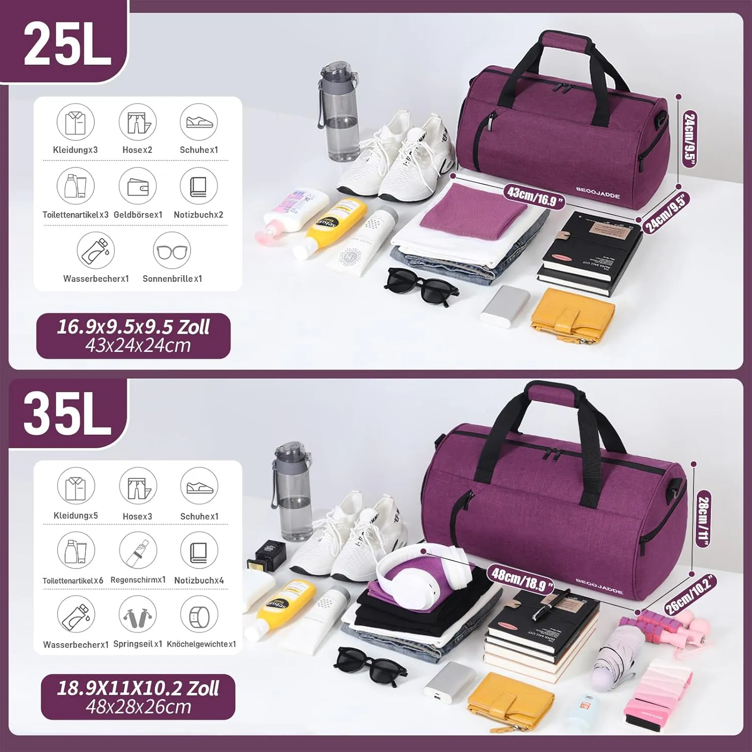 BECOJADDE Sports Bags for Men and Women, Duffel Bag, Overnight Bag with Shoe Compartment & Wet Compartment, Waterproof Carry On Bag for Sports, Gym, Swimming, Purple, L, Travel handbag