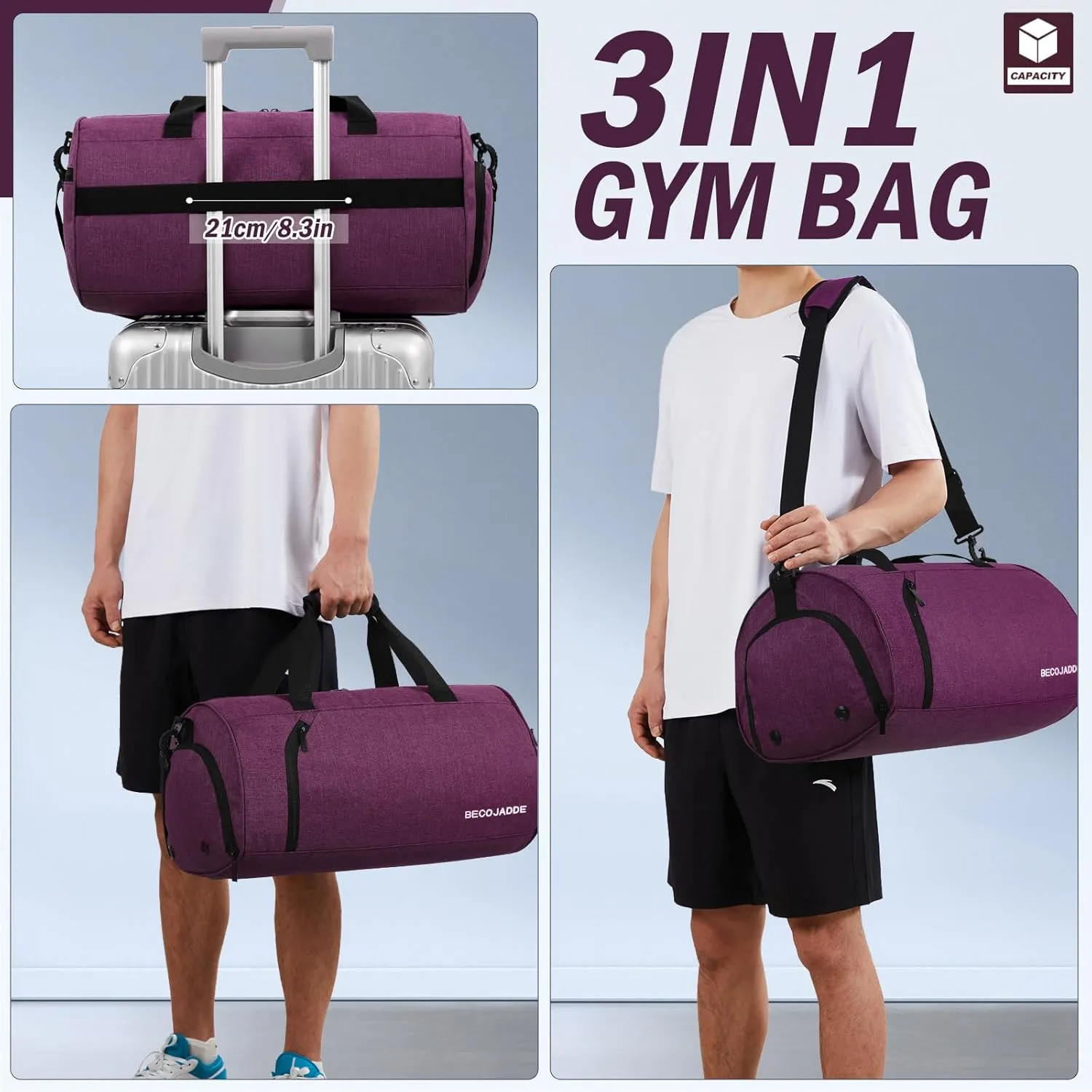 BECOJADDE Sports Bags for Men and Women, Duffel Bag, Overnight Bag with Shoe Compartment & Wet Compartment, Waterproof Carry On Bag for Sports, Gym, Swimming, Purple, L, Travel handbag