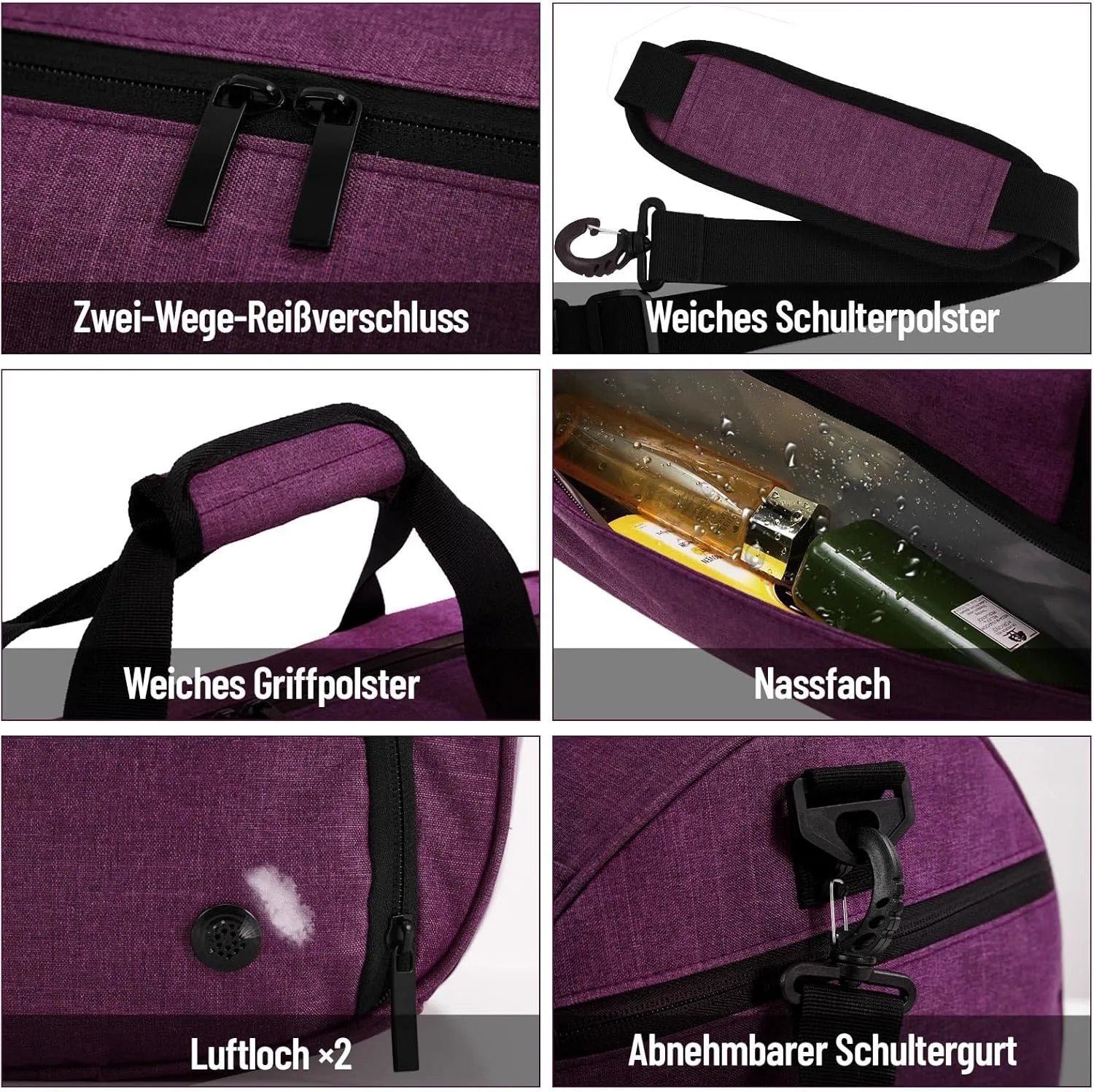 BECOJADDE Sports Bags for Men and Women, Duffel Bag, Overnight Bag with Shoe Compartment & Wet Compartment, Waterproof Carry On Bag for Sports, Gym, Swimming, Purple, L, Travel handbag