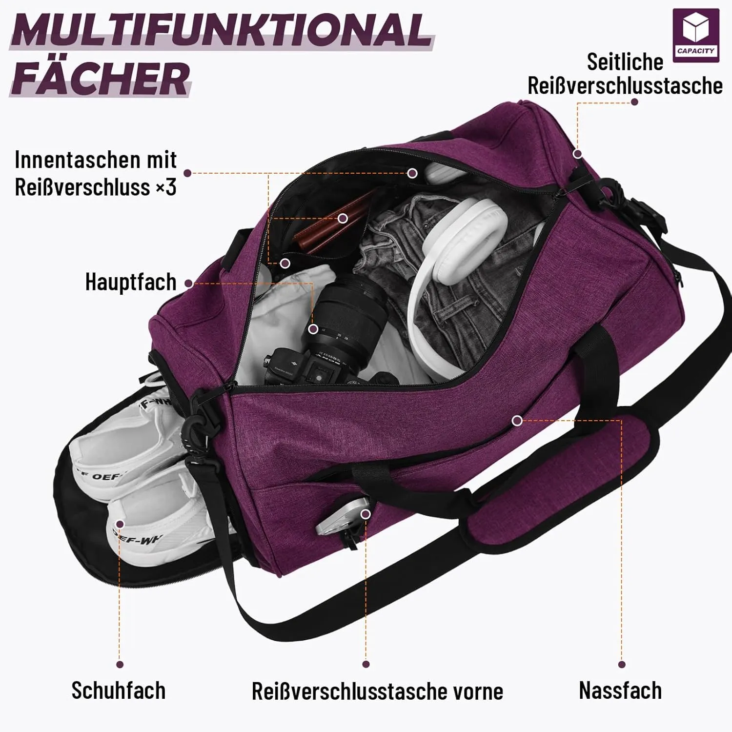 BECOJADDE Sports Bags for Men and Women, Duffel Bag, Overnight Bag with Shoe Compartment & Wet Compartment, Waterproof Carry On Bag for Sports, Gym, Swimming, Purple, L, Travel handbag