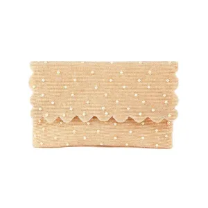 Beige Beaded Handbag With Pearl Embellishment and Scalloped Edge