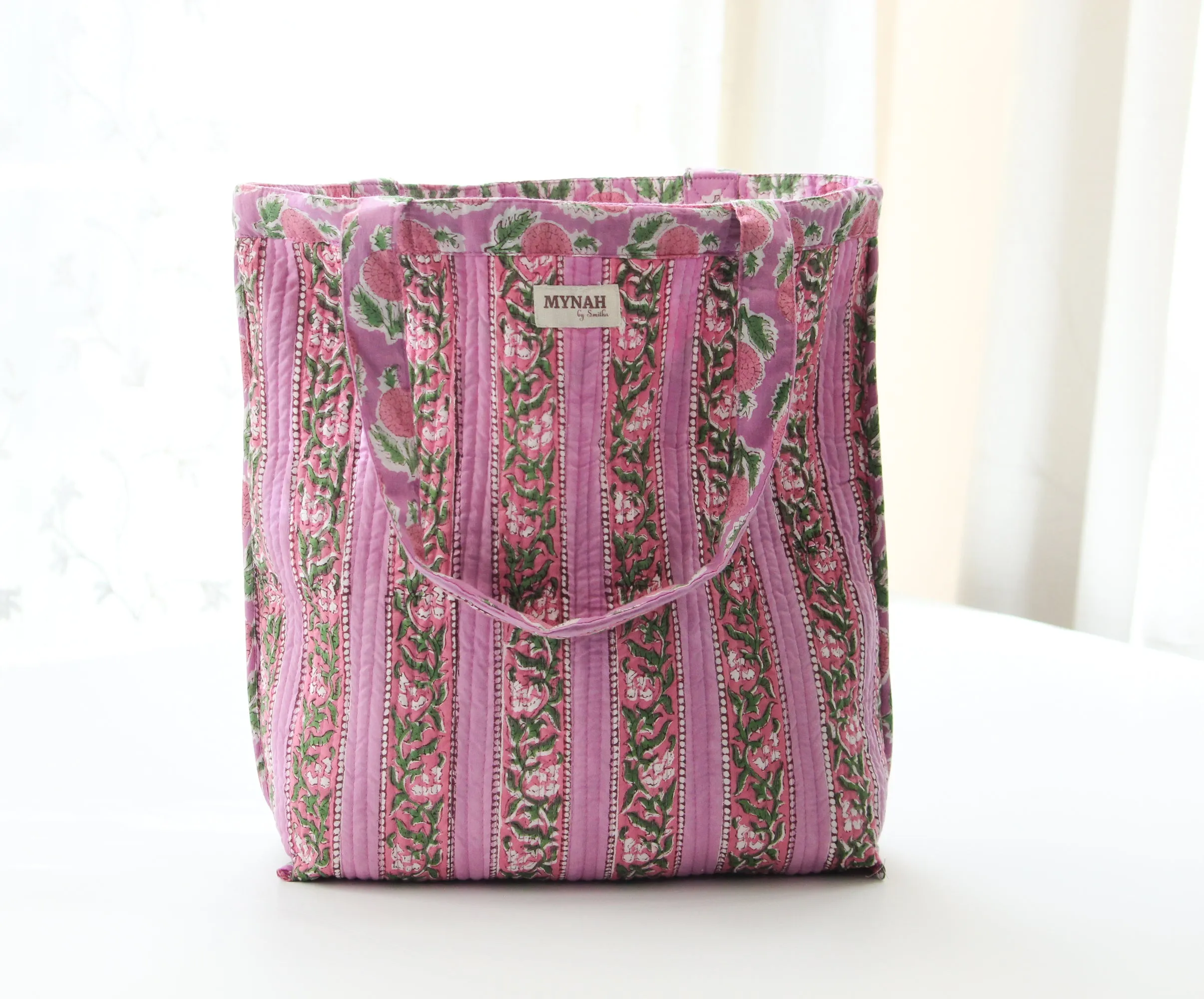 'BERRY SMOOTHIE'  floral hand block print tote bag-Small laptop size