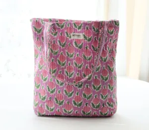 'BERRY SMOOTHIE'  floral hand block print tote bag-Small laptop size