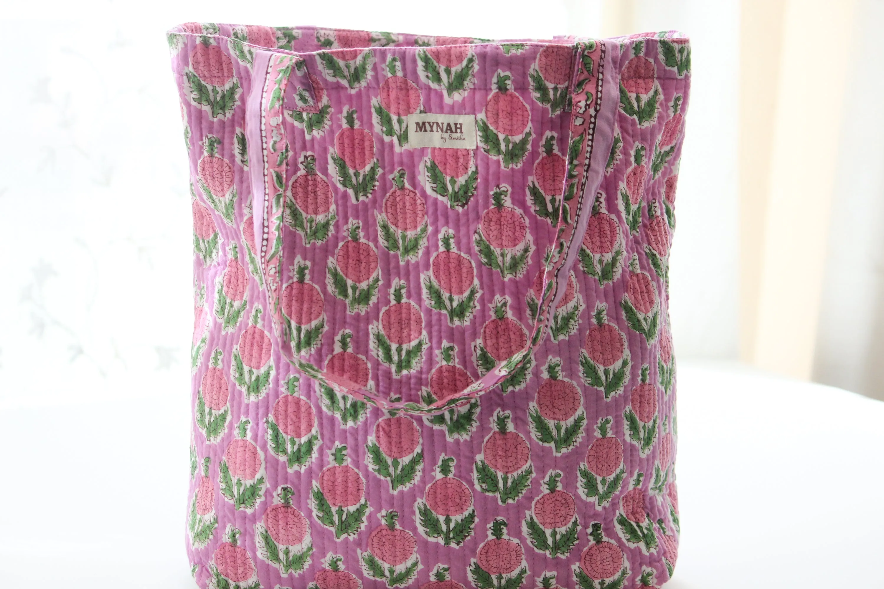'BERRY SMOOTHIE'  floral hand block print tote bag-Small laptop size