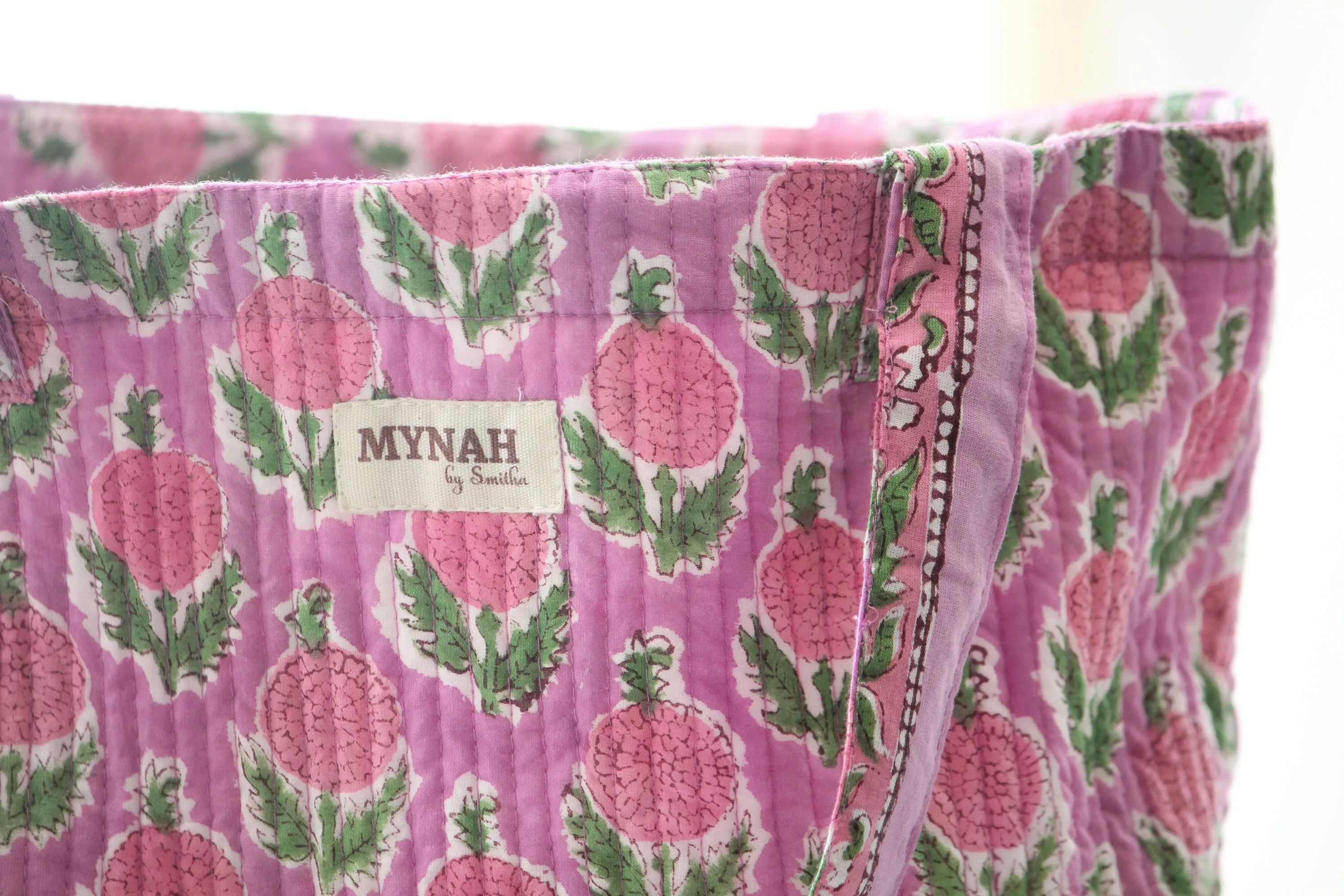 'BERRY SMOOTHIE'  floral hand block print tote bag-Small laptop size