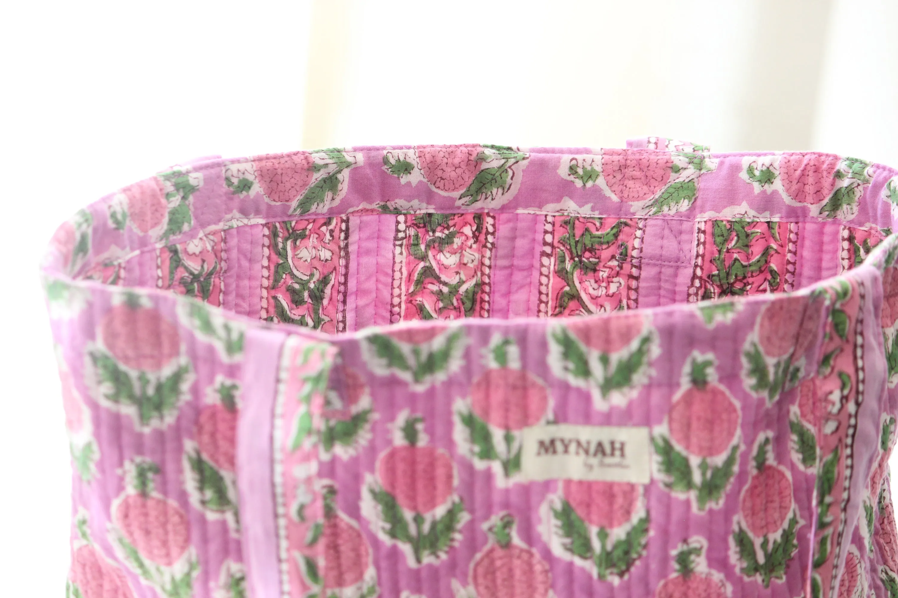 'BERRY SMOOTHIE'  floral hand block print tote bag-Small laptop size