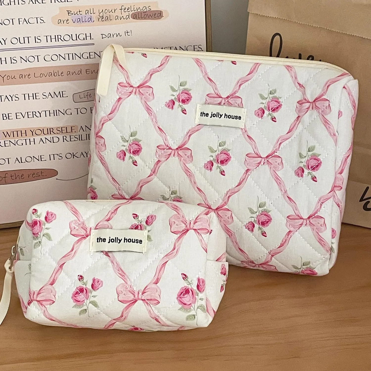 BILIPOPX Cute Makeup Bag Aesthetic Floral Quilted Cotton Cosmetic Bag Travel Organizer Toiletry Pouch 3 Pack Set (01Pink Bow)