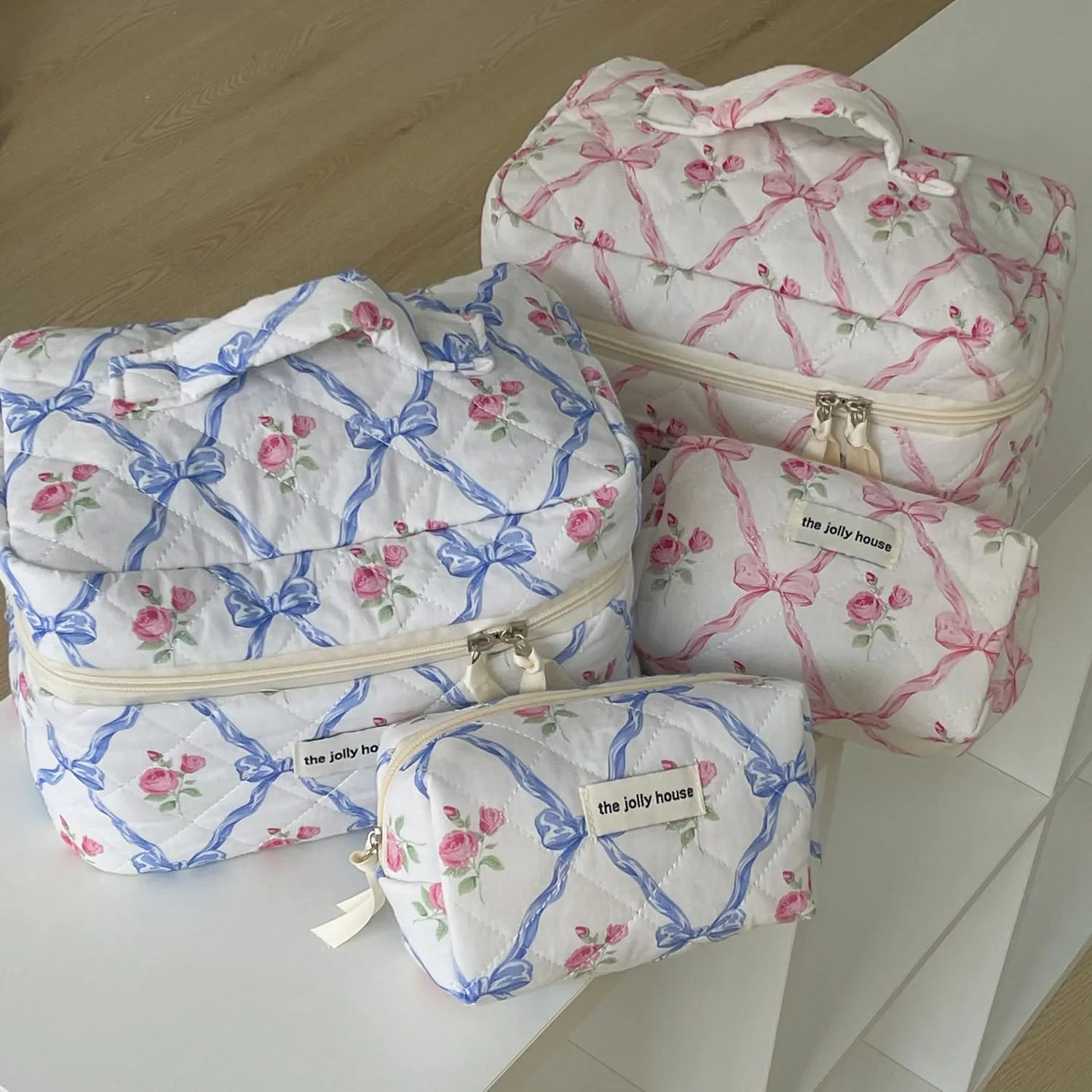 BILIPOPX Cute Makeup Bag Aesthetic Floral Quilted Cotton Cosmetic Bag Travel Organizer Toiletry Pouch 3 Pack Set (01Pink Bow)