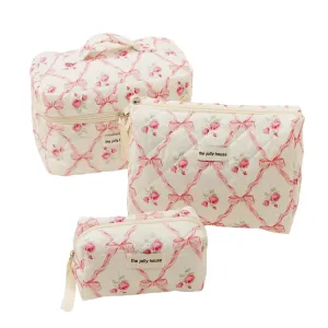 BILIPOPX Cute Makeup Bag Aesthetic Floral Quilted Cotton Cosmetic Bag Travel Organizer Toiletry Pouch 3 Pack Set (01Pink Bow)