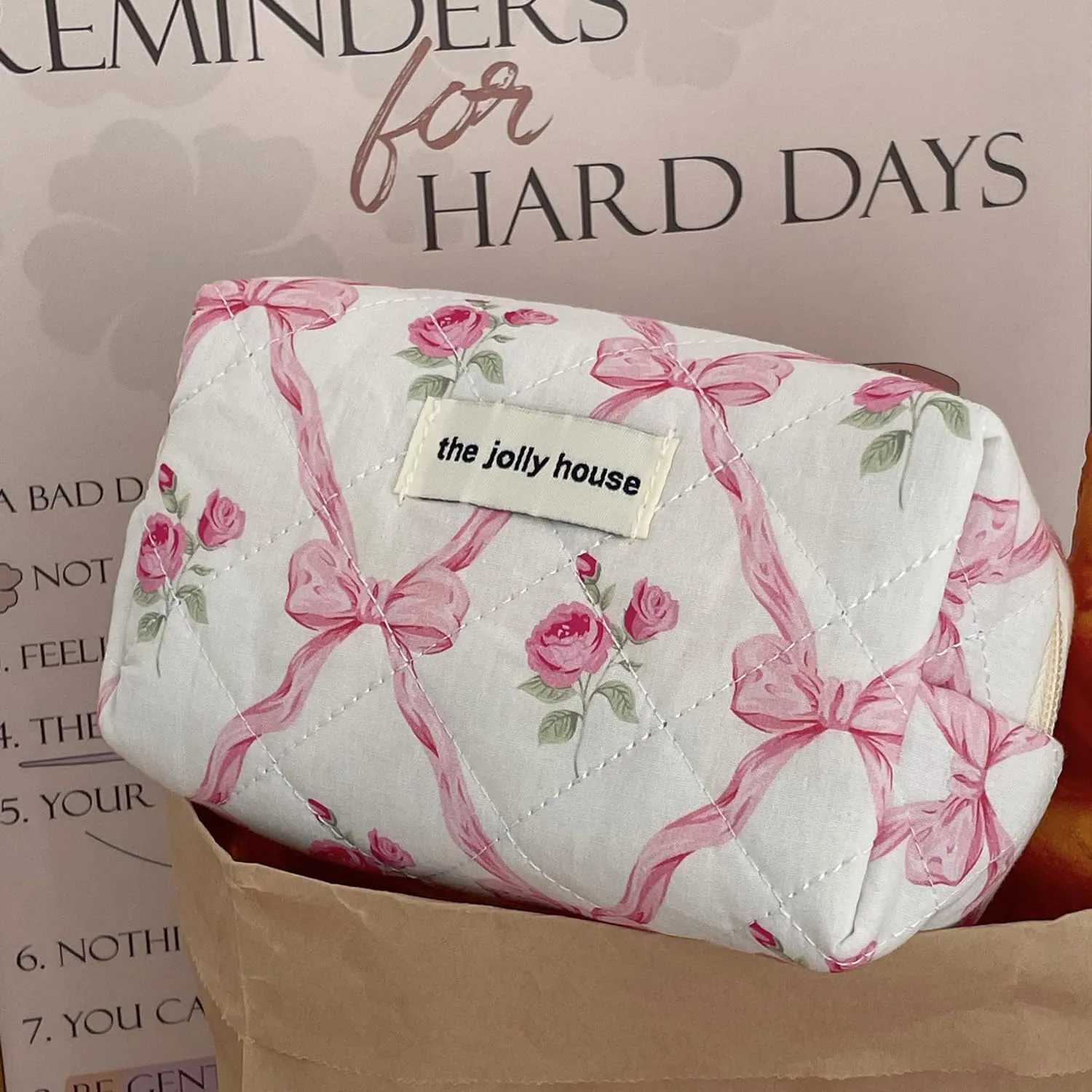 BILIPOPX Cute Makeup Bag Aesthetic Floral Quilted Cotton Cosmetic Bag Travel Organizer Toiletry Pouch 3 Pack Set (01Pink Bow)