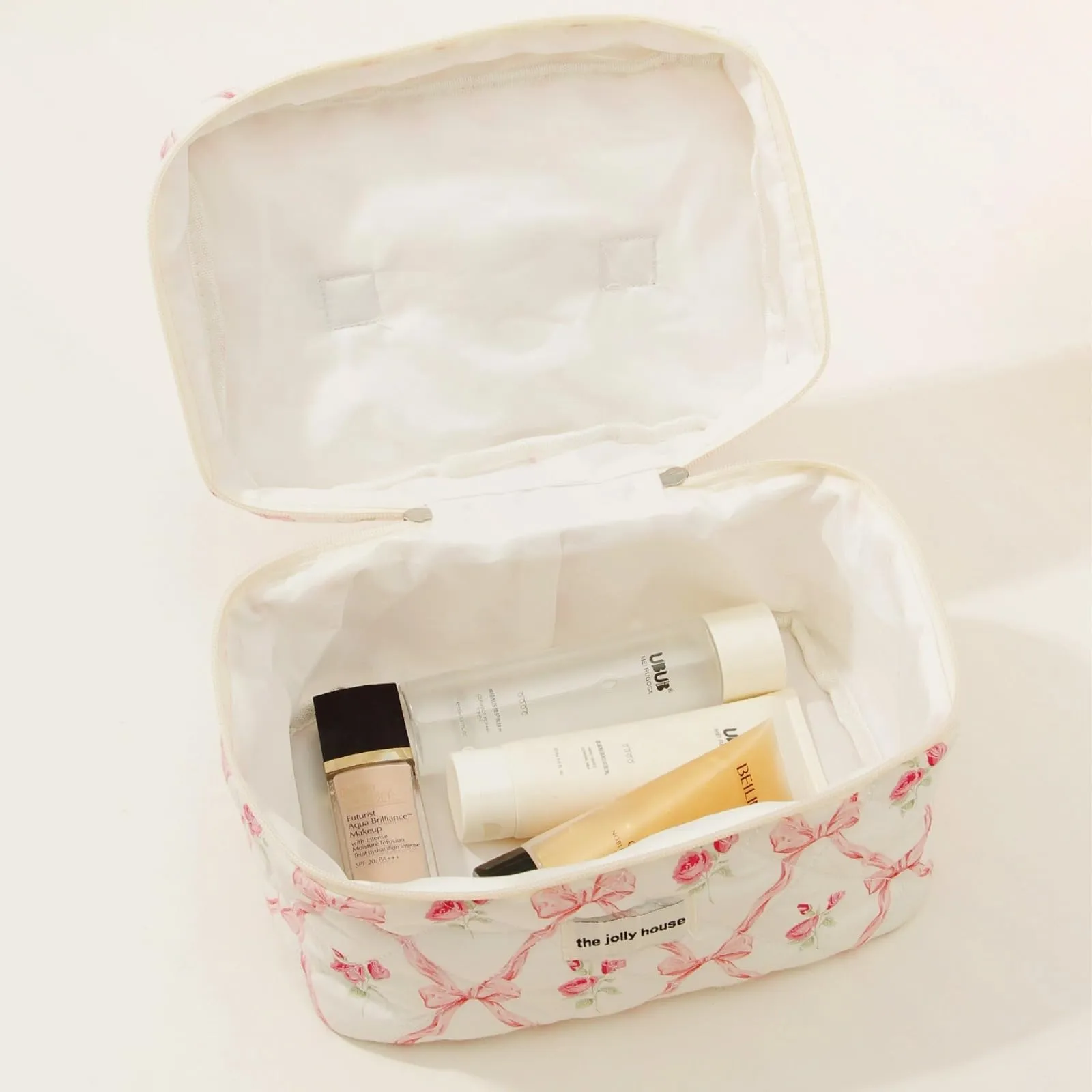 BILIPOPX Cute Makeup Bag Aesthetic Floral Quilted Cotton Cosmetic Bag Travel Organizer Toiletry Pouch 3 Pack Set (01Pink Bow)