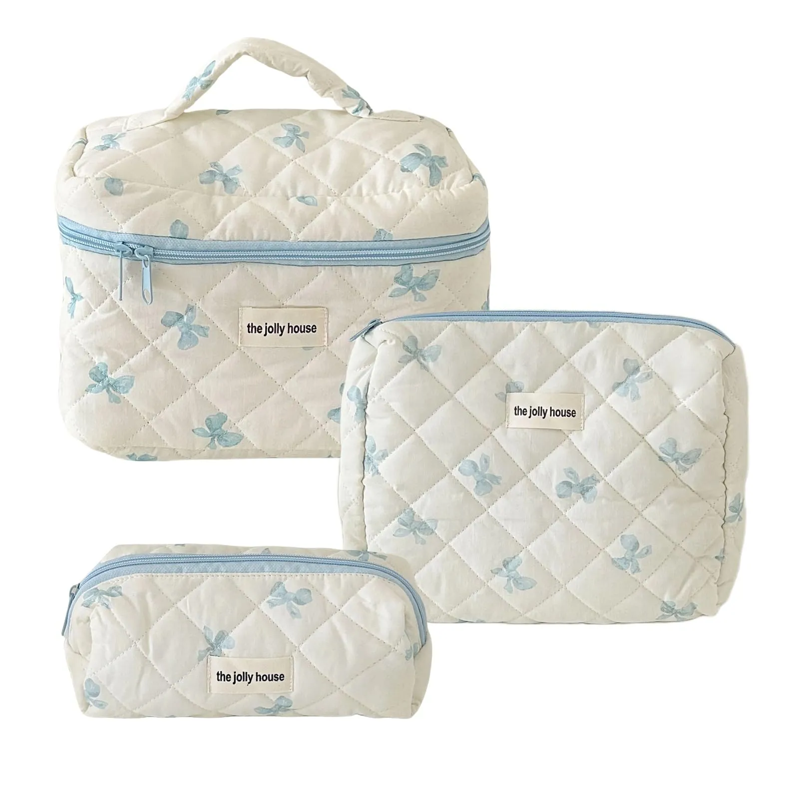 BILIPOPX Cute Makeup Bag Aesthetic Floral Quilted Cotton Cosmetic Bag Travel Organizer Toiletry Pouch 3 Pack Set (02Blue Bow)