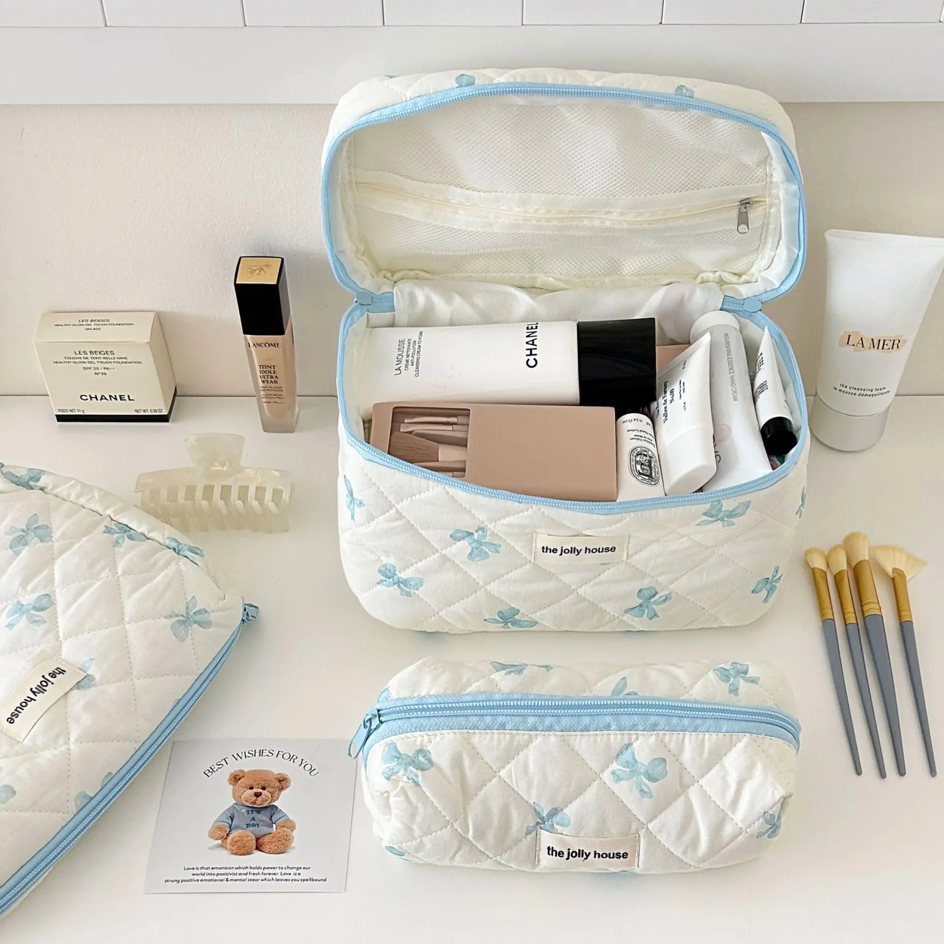 BILIPOPX Cute Makeup Bag Aesthetic Floral Quilted Cotton Cosmetic Bag Travel Organizer Toiletry Pouch 3 Pack Set (02Blue Bow)