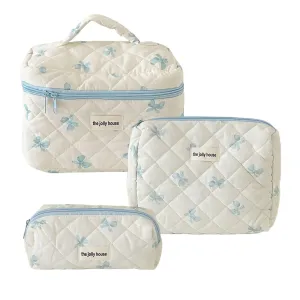 BILIPOPX Cute Makeup Bag Aesthetic Floral Quilted Cotton Cosmetic Bag Travel Organizer Toiletry Pouch 3 Pack Set (02Blue Bow)