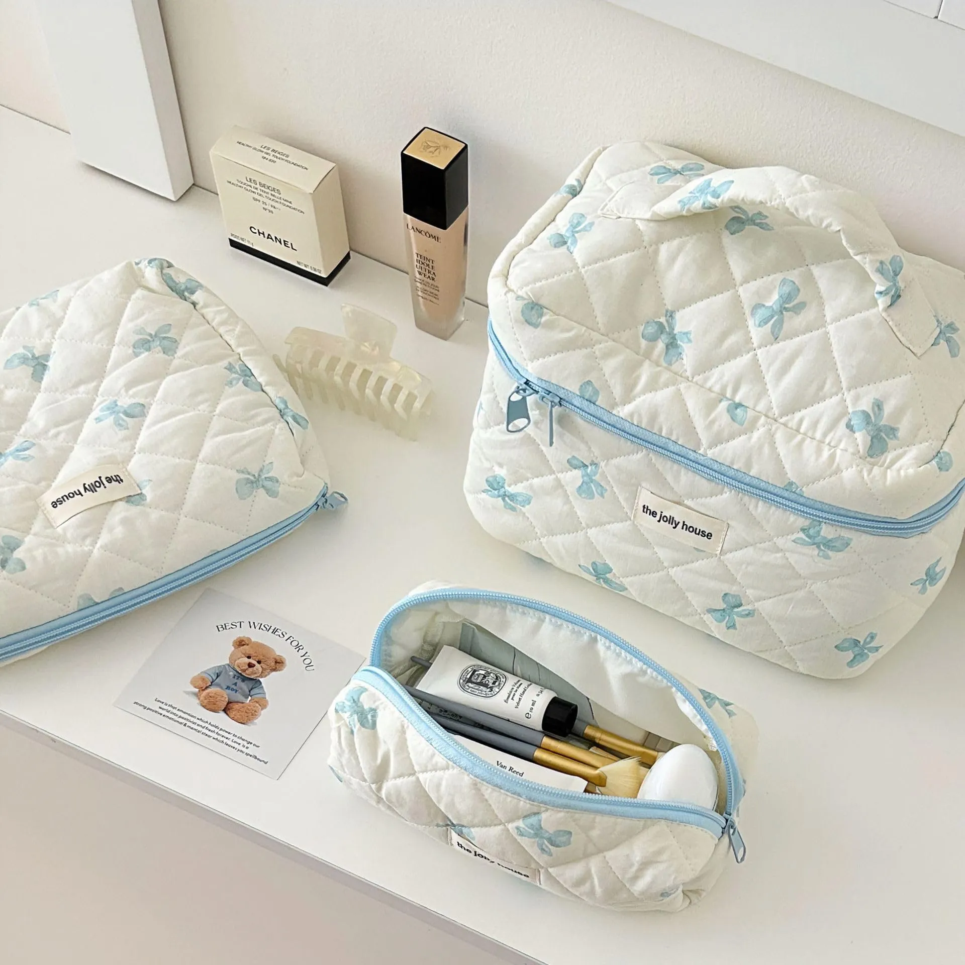 BILIPOPX Cute Makeup Bag Aesthetic Floral Quilted Cotton Cosmetic Bag Travel Organizer Toiletry Pouch 3 Pack Set (02Blue Bow)