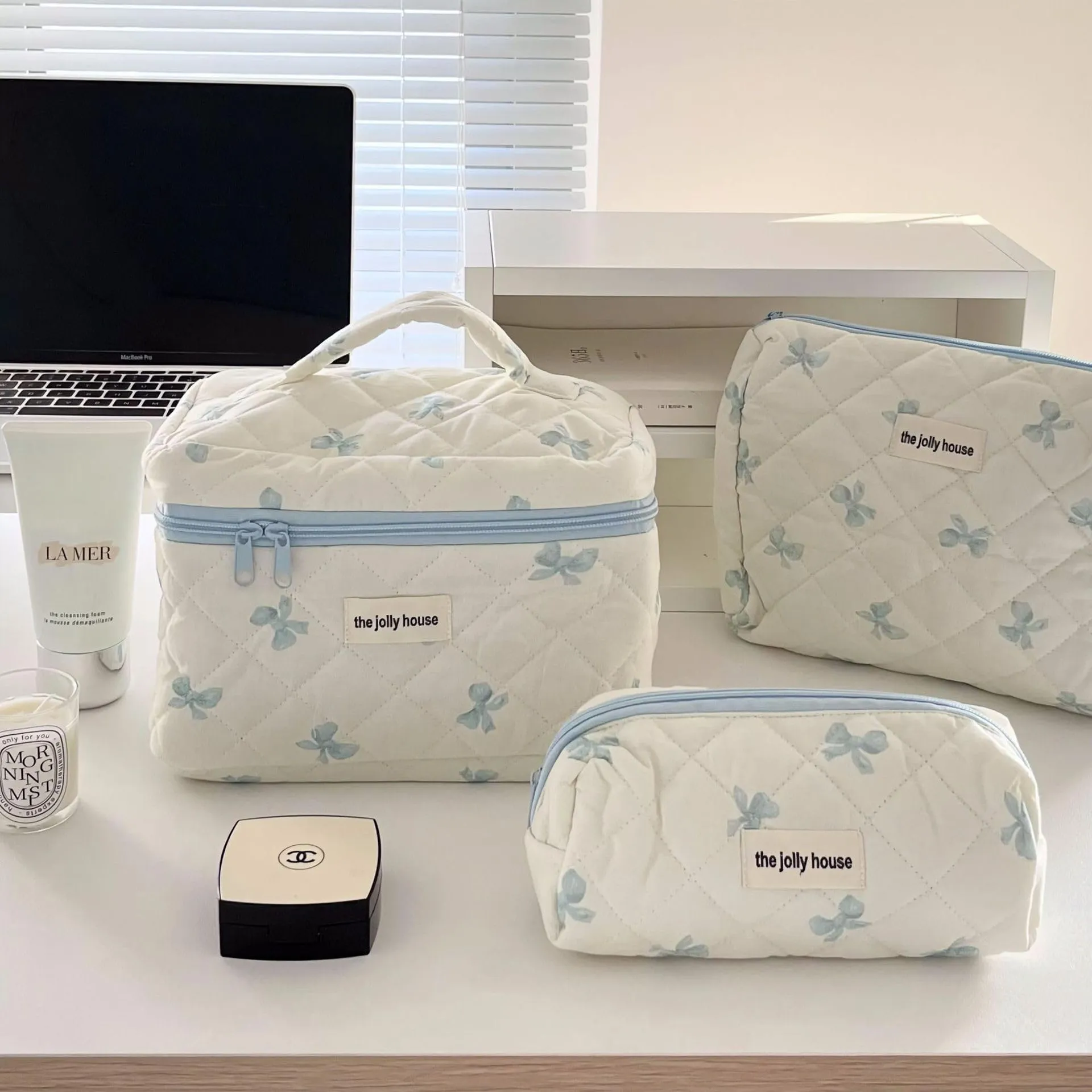 BILIPOPX Cute Makeup Bag Aesthetic Floral Quilted Cotton Cosmetic Bag Travel Organizer Toiletry Pouch 3 Pack Set (02Blue Bow)