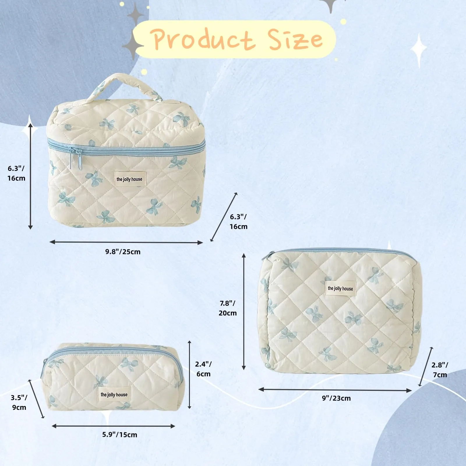 BILIPOPX Cute Makeup Bag Aesthetic Floral Quilted Cotton Cosmetic Bag Travel Organizer Toiletry Pouch 3 Pack Set (02Blue Bow)