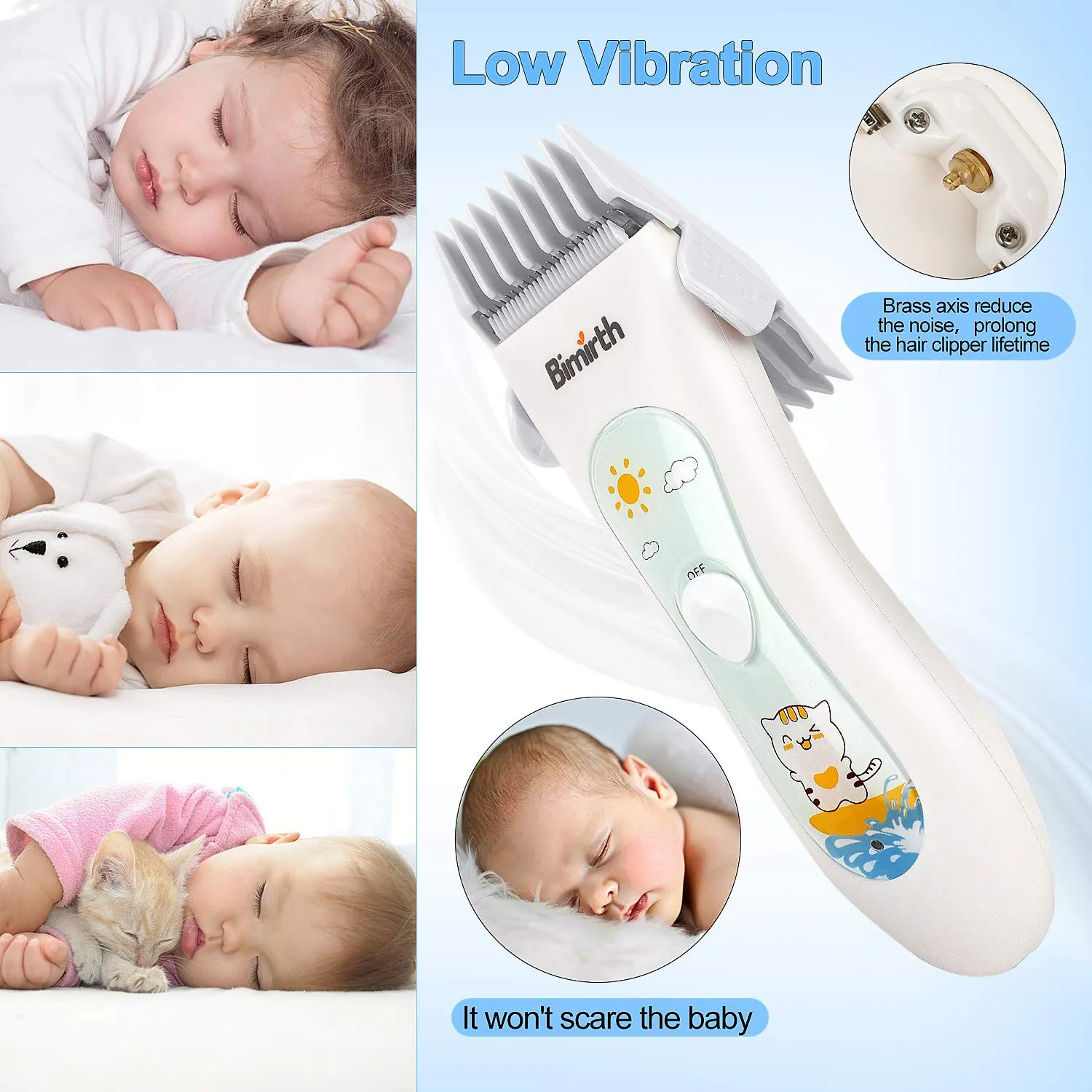 Bimirth Baby Hair Clipper, Silent Hair Clippers for Children, Quiet Kids Hair Trimmer, Cordless Toddler Haircut Machine in Bag for Easy Storage, USB Rechargeable, Waterproof, 3 Guide Combs (with Bag) white-S11