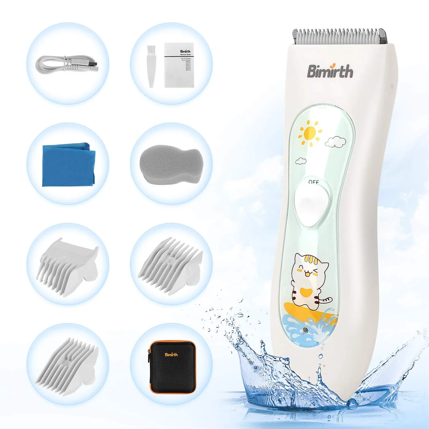 Bimirth Baby Hair Clipper, Silent Hair Clippers for Children, Quiet Kids Hair Trimmer, Cordless Toddler Haircut Machine in Bag for Easy Storage, USB Rechargeable, Waterproof, 3 Guide Combs (with Bag) white-S11