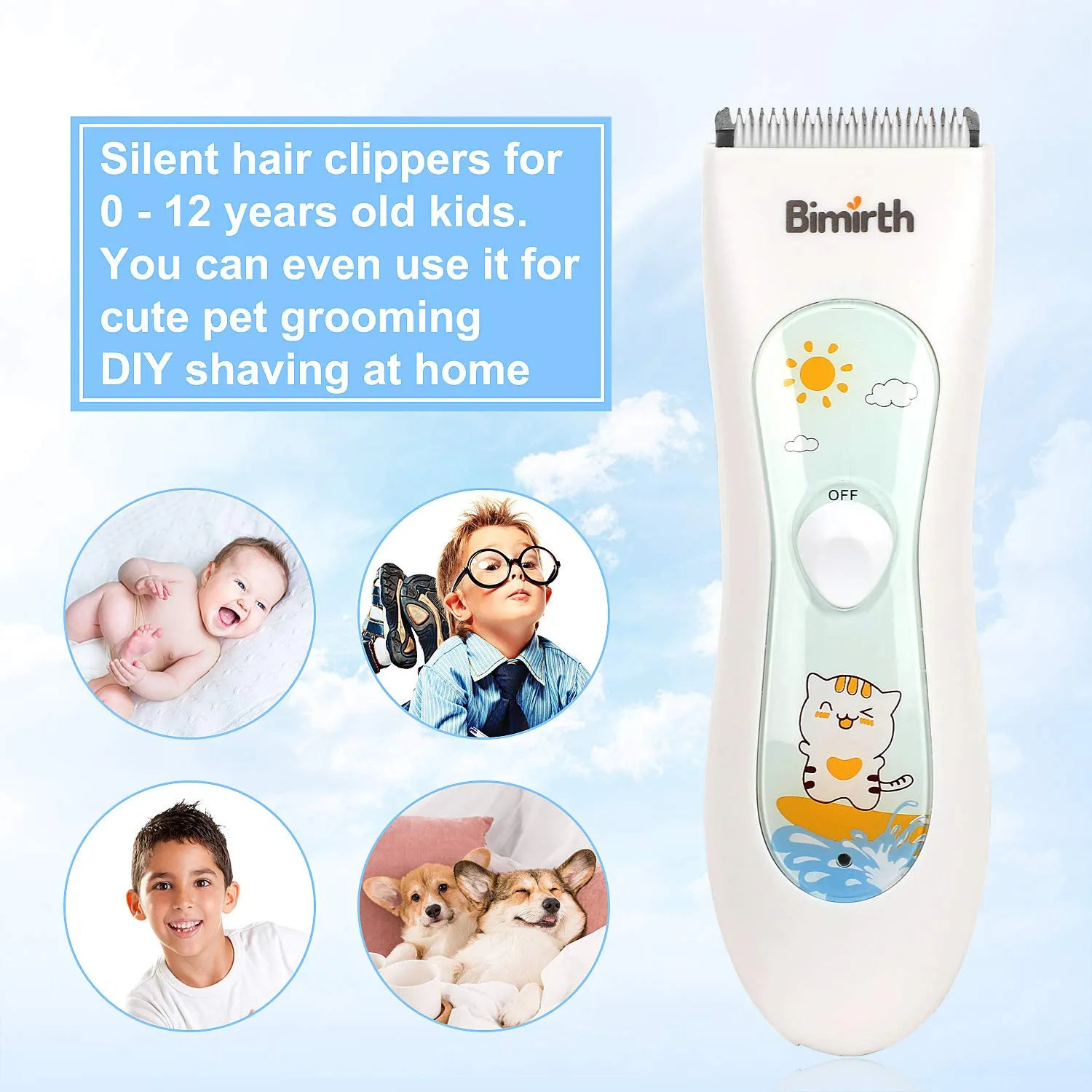 Bimirth Baby Hair Clipper, Silent Hair Clippers for Children, Quiet Kids Hair Trimmer, Cordless Toddler Haircut Machine in Bag for Easy Storage, USB Rechargeable, Waterproof, 3 Guide Combs (with Bag) white-S11