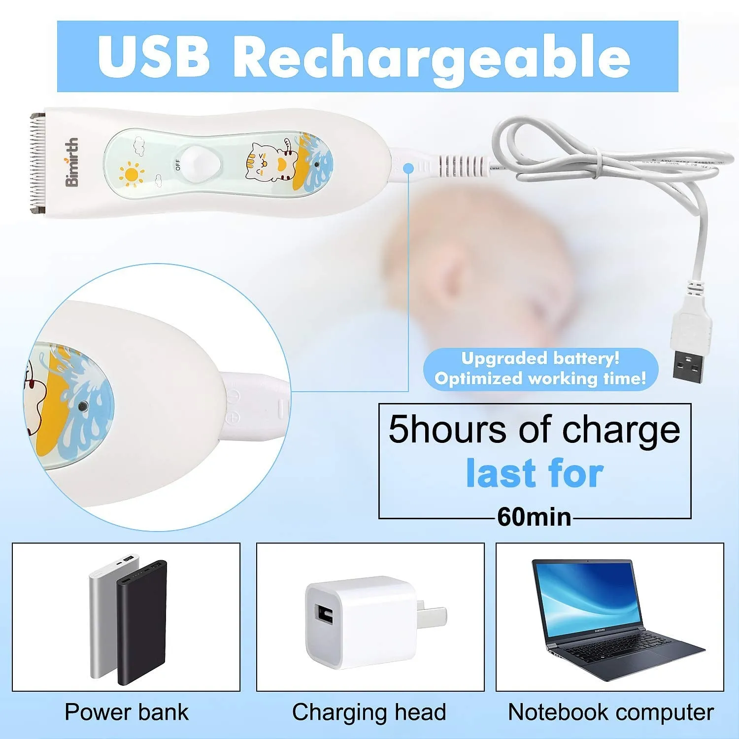 Bimirth Baby Hair Clipper, Silent Hair Clippers for Children, Quiet Kids Hair Trimmer, Cordless Toddler Haircut Machine in Bag for Easy Storage, USB Rechargeable, Waterproof, 3 Guide Combs (with Bag) white-S11
