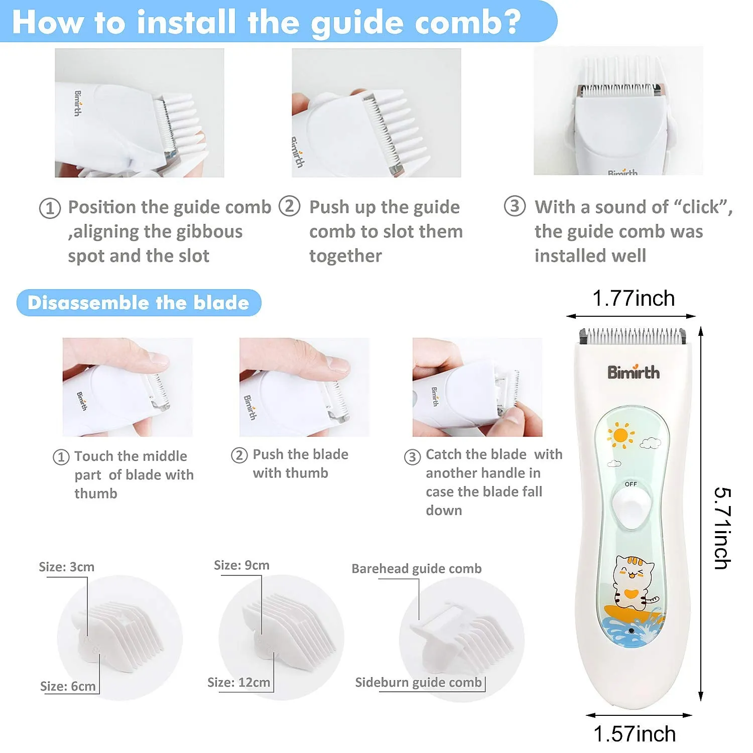Bimirth Baby Hair Clipper, Silent Hair Clippers for Children, Quiet Kids Hair Trimmer, Cordless Toddler Haircut Machine in Bag for Easy Storage, USB Rechargeable, Waterproof, 3 Guide Combs (with Bag) white-S11