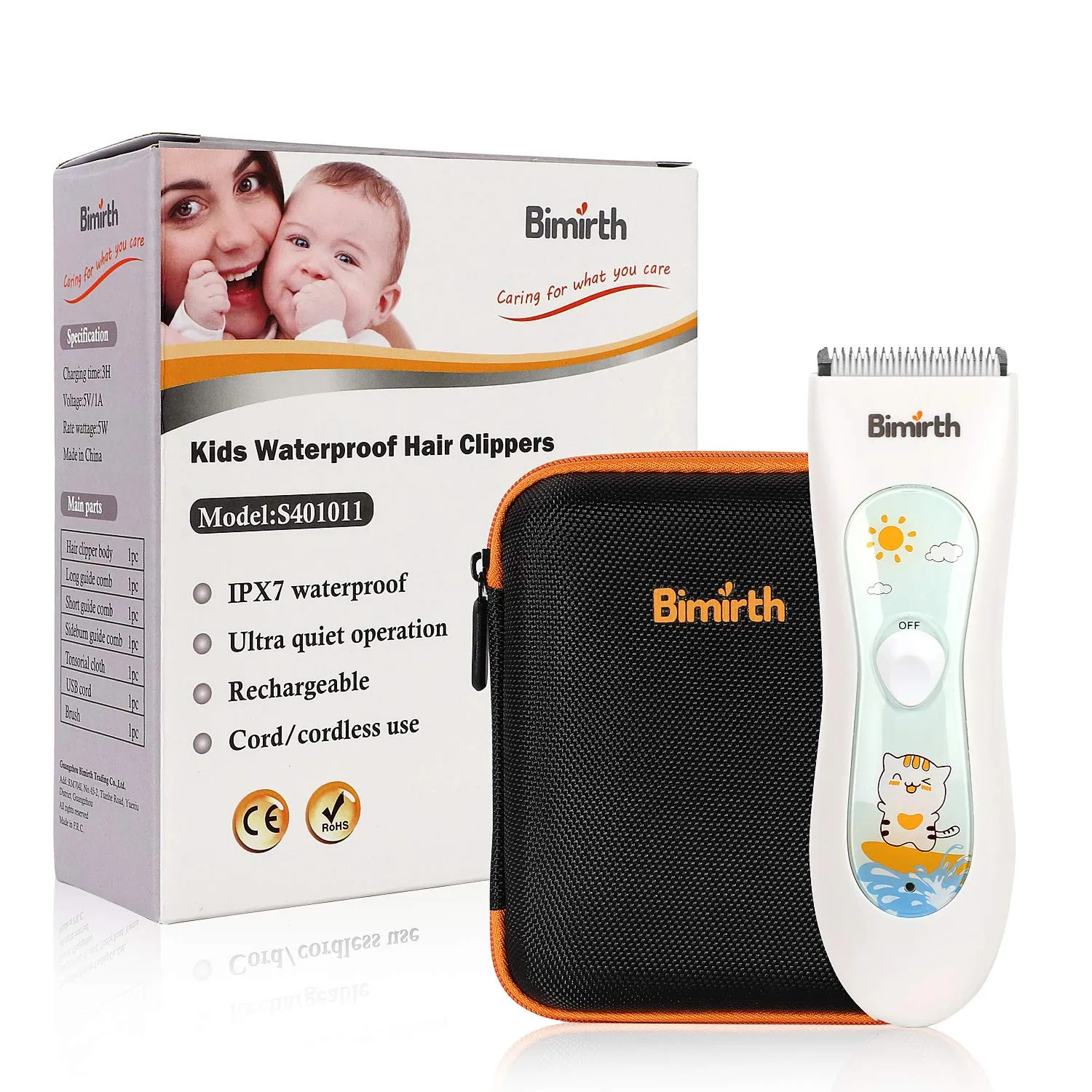 Bimirth Baby Hair Clipper, Silent Hair Clippers for Children, Quiet Kids Hair Trimmer, Cordless Toddler Haircut Machine in Bag for Easy Storage, USB Rechargeable, Waterproof, 3 Guide Combs (with Bag) white-S11