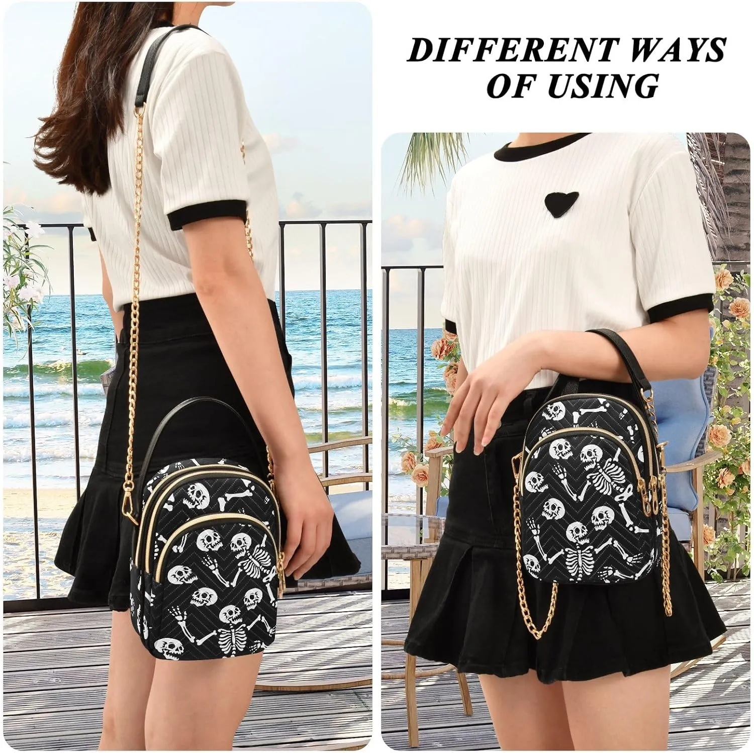 Black and White Grid Cross Body Bag for Woman Travel, Woman Handbags Triple Zip Small Shoulder Purse