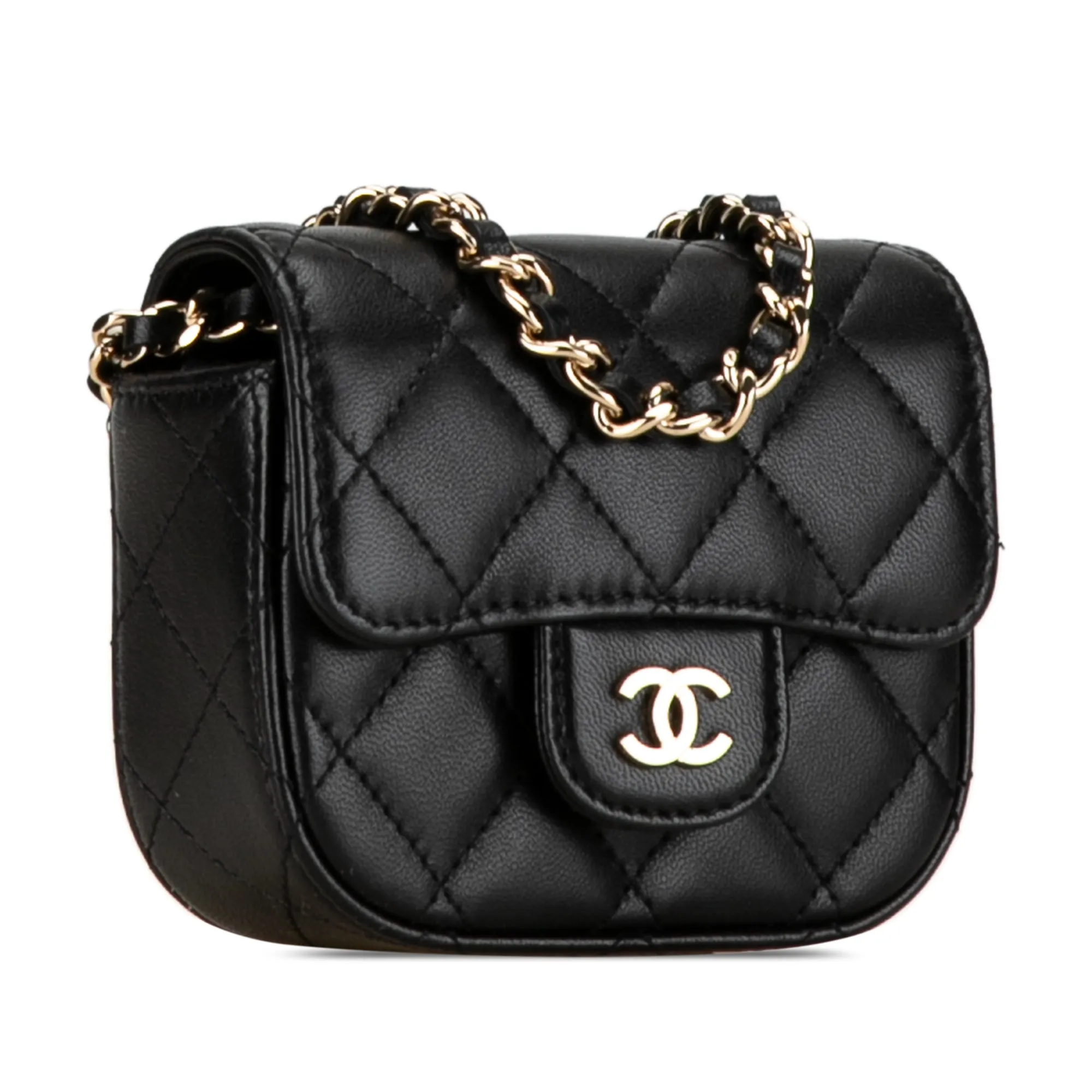 Black Chanel CC Quilted Lambskin Flap Card Holder On Chain Crossbody Bag