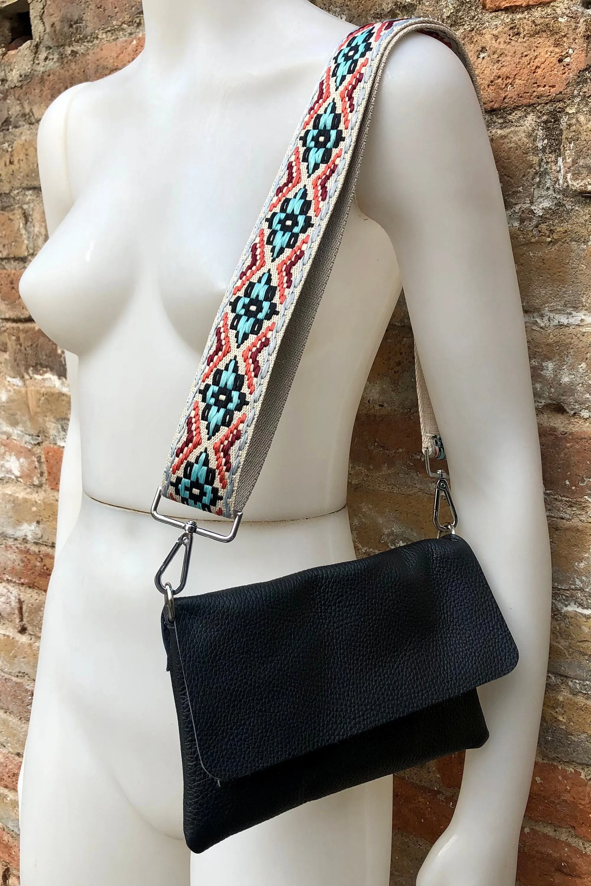 Black small leather bag. 2 straps: 1 leather   1 guitar strap. GENUINE leather Crossbody / shoulder bag. Black purse with flap   zipper