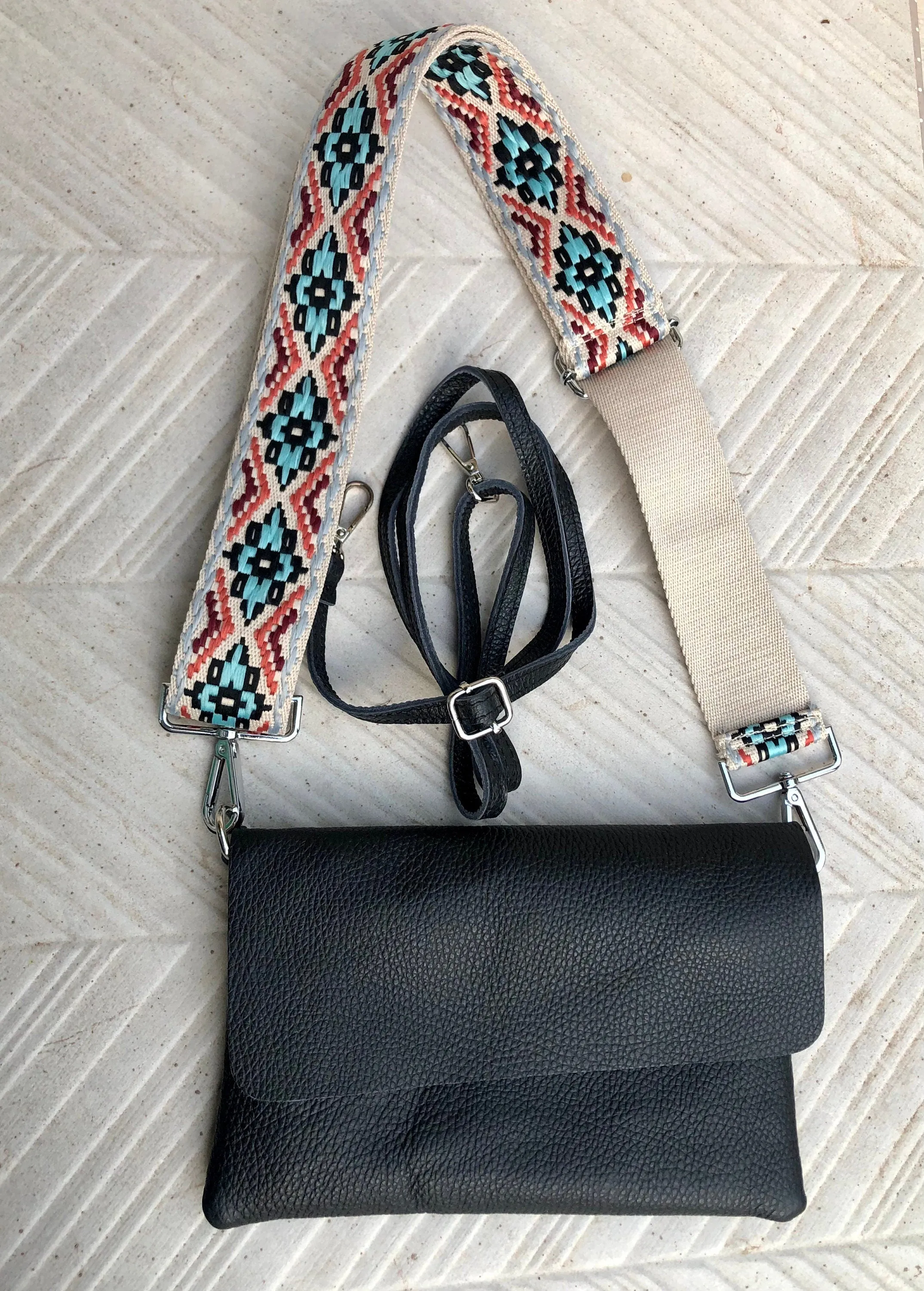 Black small leather bag. 2 straps: 1 leather   1 guitar strap. GENUINE leather Crossbody / shoulder bag. Black purse with flap   zipper